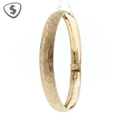 9ct Yellow Gold 9mm Vintage-Style Etched Bangle in a Brushed Finish, 65mm Diameter with Safety Latch.