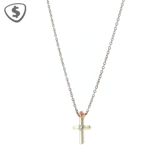 9ct White Gold Cross Pendant & Necklace, a Sophisticated Contemporary Design Made by Browns, Featuring a Lab Simulated Diamond and Sleek Rounded-Edges and Rose Gold Crown.
