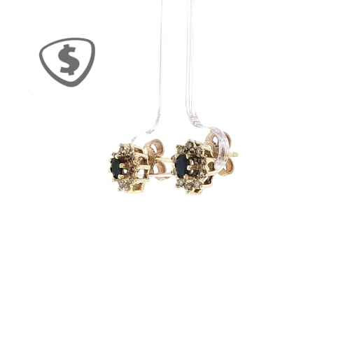 9ct Yellow Gold Sapphire Vintage-Style & Diamond Cluster Stud Earrings, Beautifully Framed by a Halo of Round Brilliant-Cut Melee Diamonds.