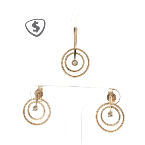 9ct Yellow Gold Contemporary Triple-Circle or "Ripple" Design Matching Pendant & Earrings Set, Accented with Sparkling Cubic Zirconia Stones.