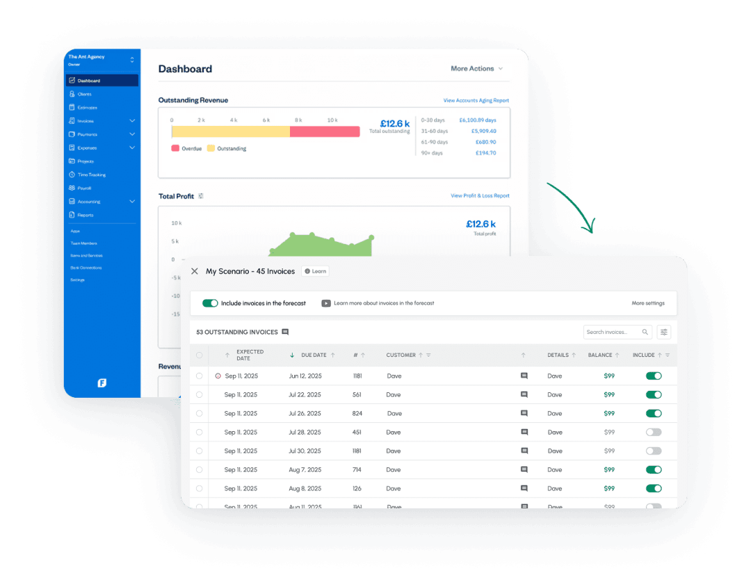Cash flow forecast built from FreshBooks data in Cash Flow Frog