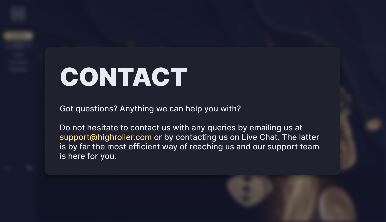 Customer support at Highroller Casino