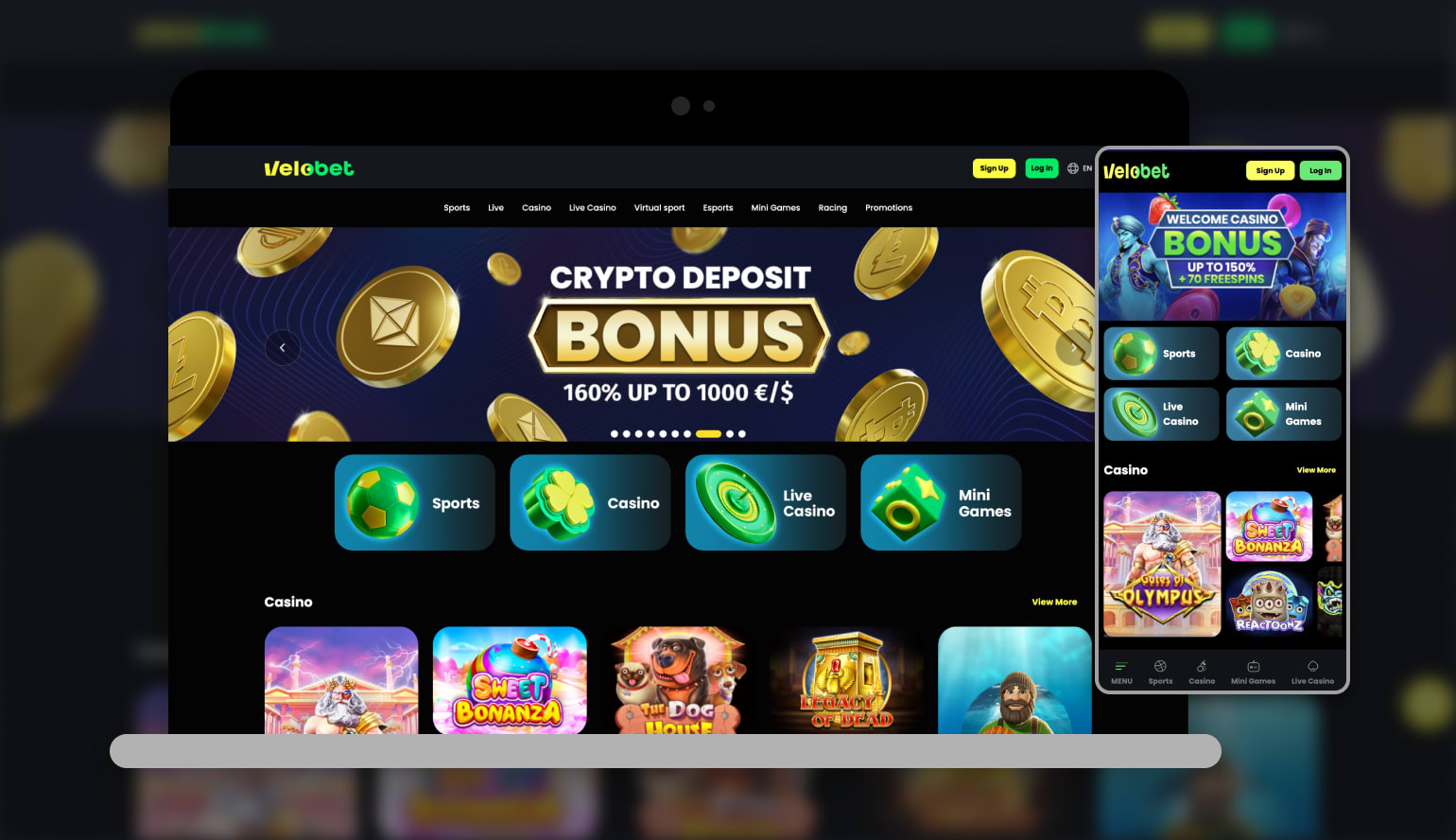 a screenshot showing what Velobet Casino looks like on mobile and desktop devices