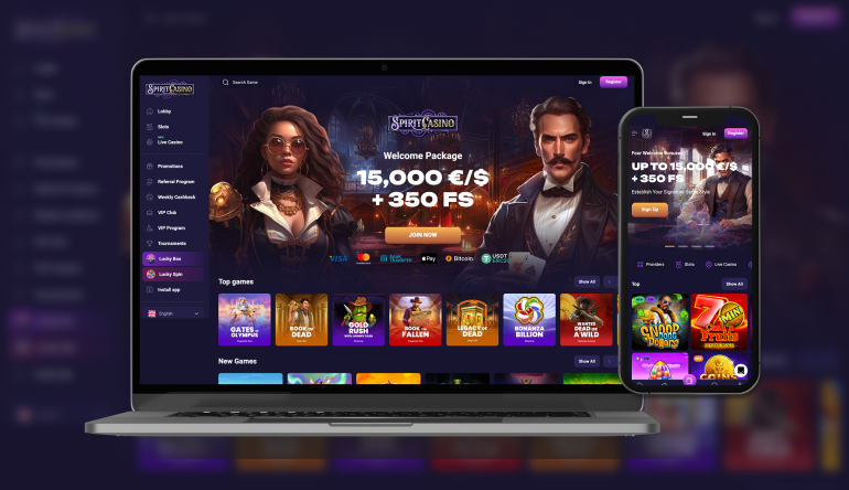 Spirit Casino online lobby interface showing game categories and promotional banners