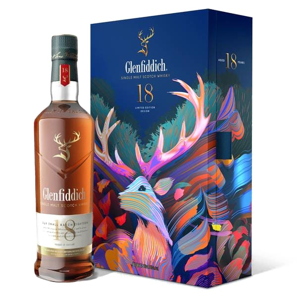 Glenfiddich 18 Year Old Single Malt Scotch Whisky, Limited Edition Release x Santtu Mustonen, Gift Bottle & Flask Set 700ml bottle - Scotch Whisky whisky