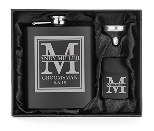 Engraved 7oz Matte Black Stainless Steel Hip Flask Funnel & Lighter