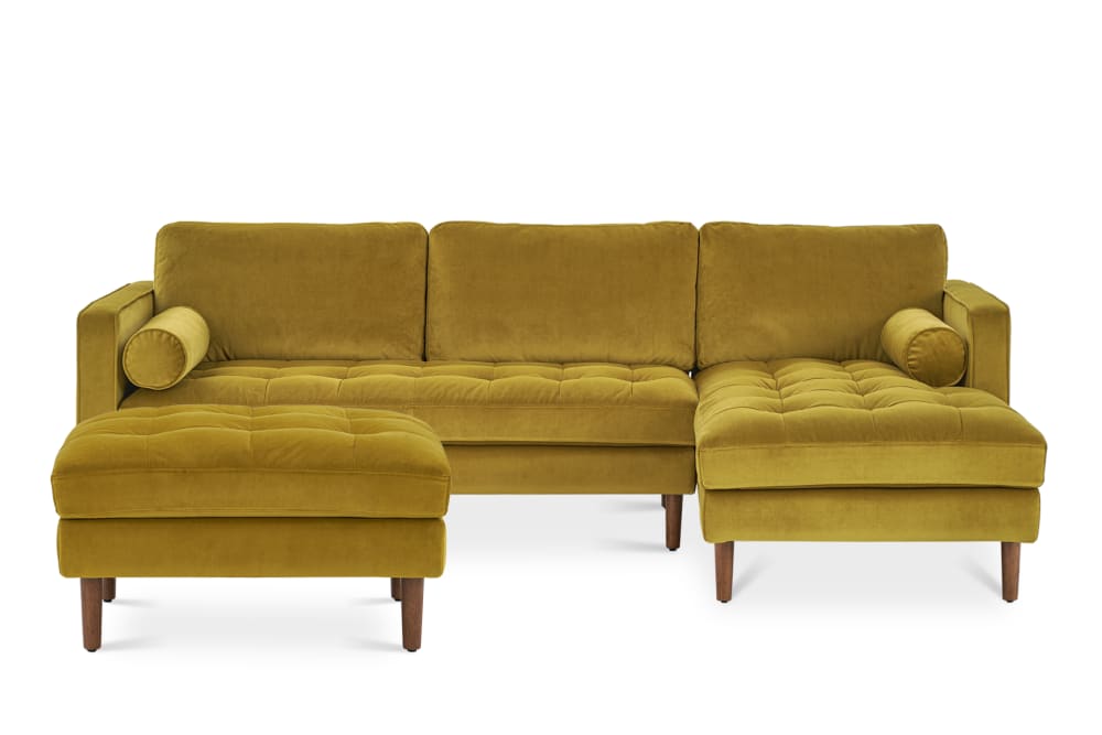 Madison Sectional Sofa With Ottoman Aquamarine Distressed Velvet Left Facing Castlery United States Madison Sectional Sofa With Ottoman, Yellow Sectional Sofa