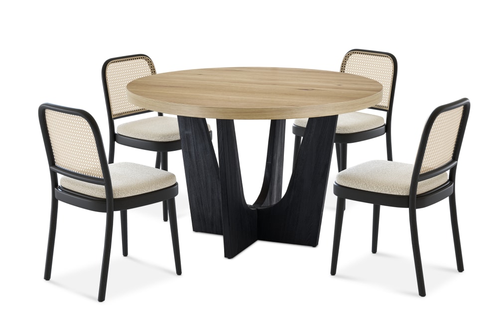 Sawyer Round Dining Table with 4 Edith Cane Chairs, Black Castlery US