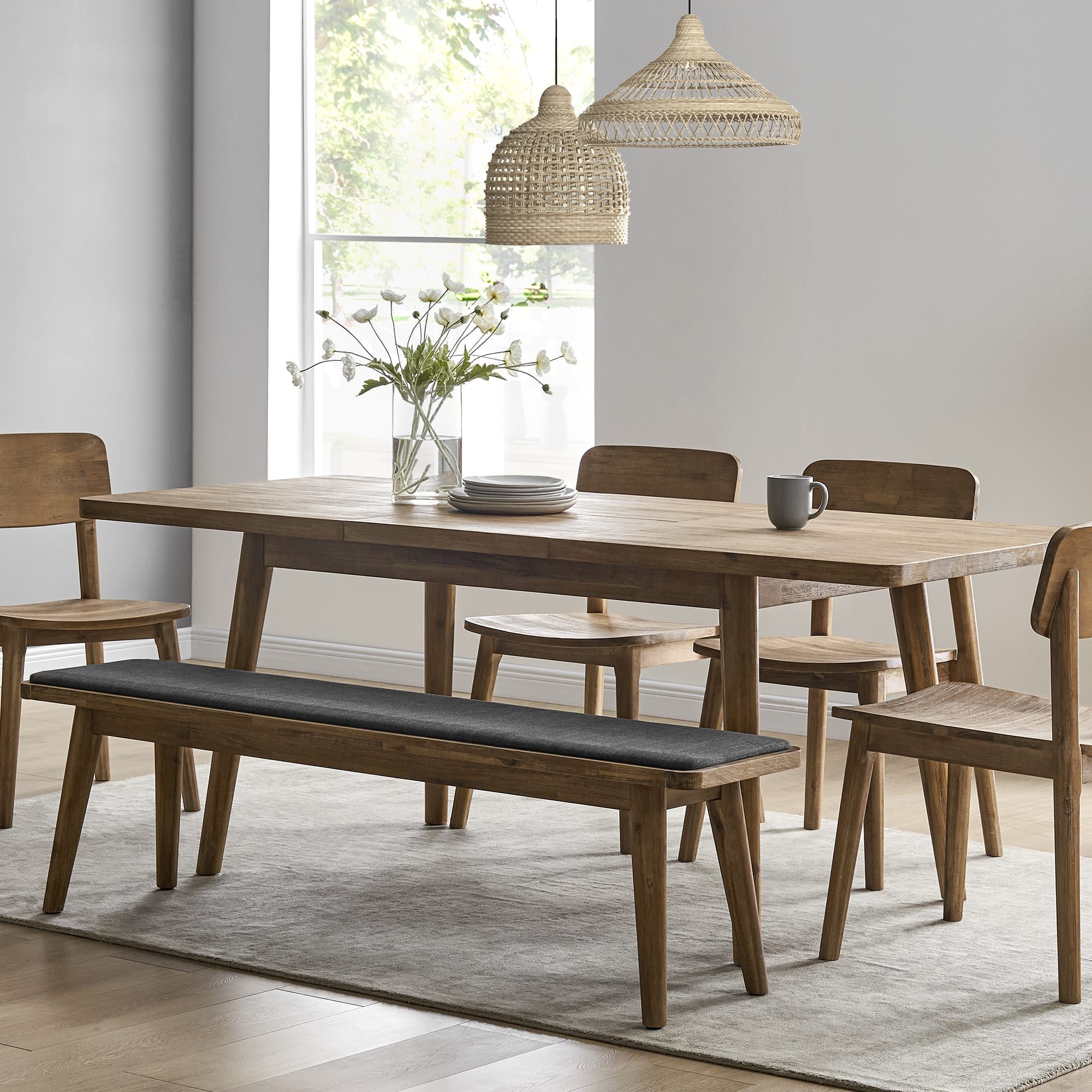 Seb Extendable Dining Table With Bench And 2 Chairs Castlery Singapore Seb Extendable Dining Table With Bench, Bench Chairs For Dining Tables