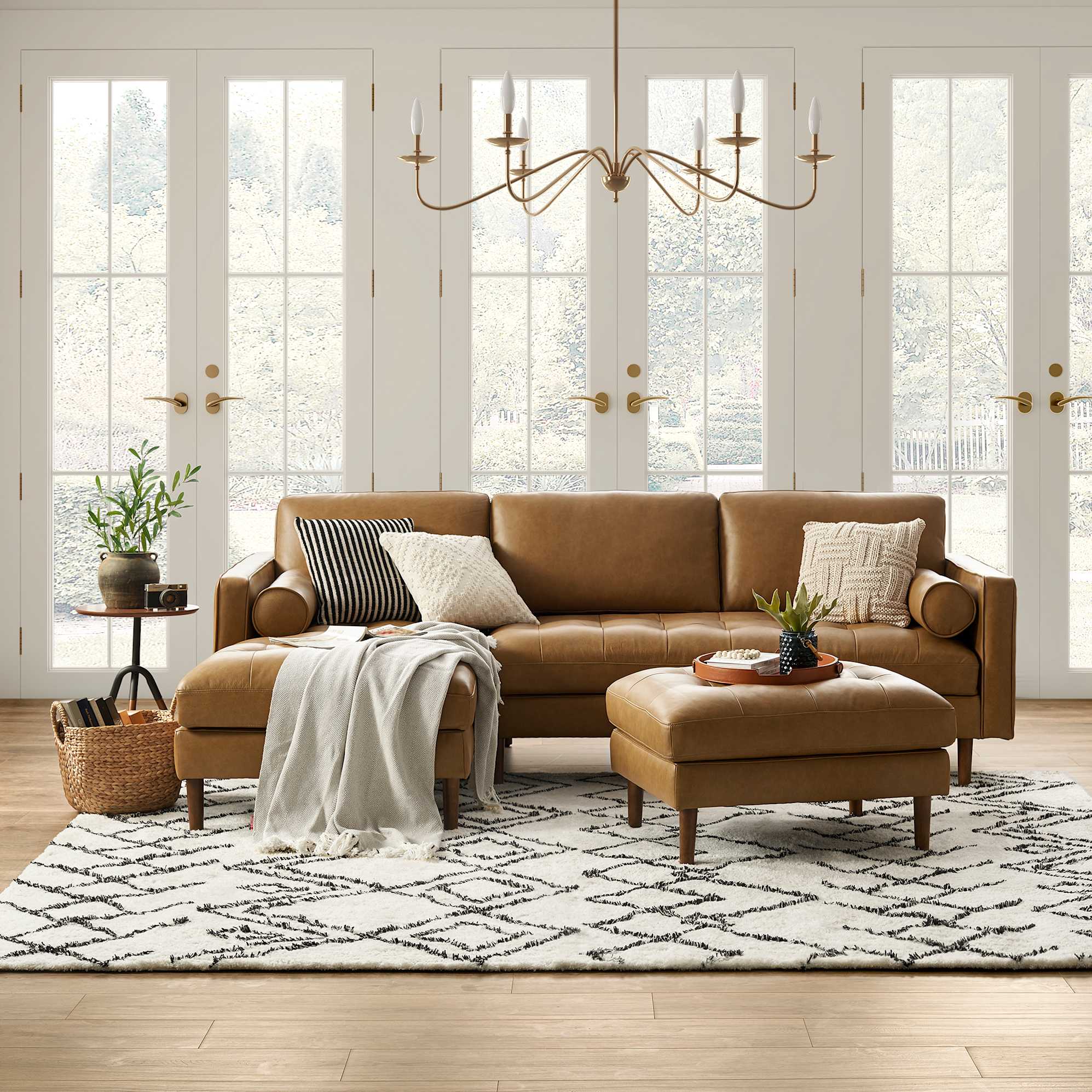 Madison Leather Chaise Sectional Couch with Ottoman 2