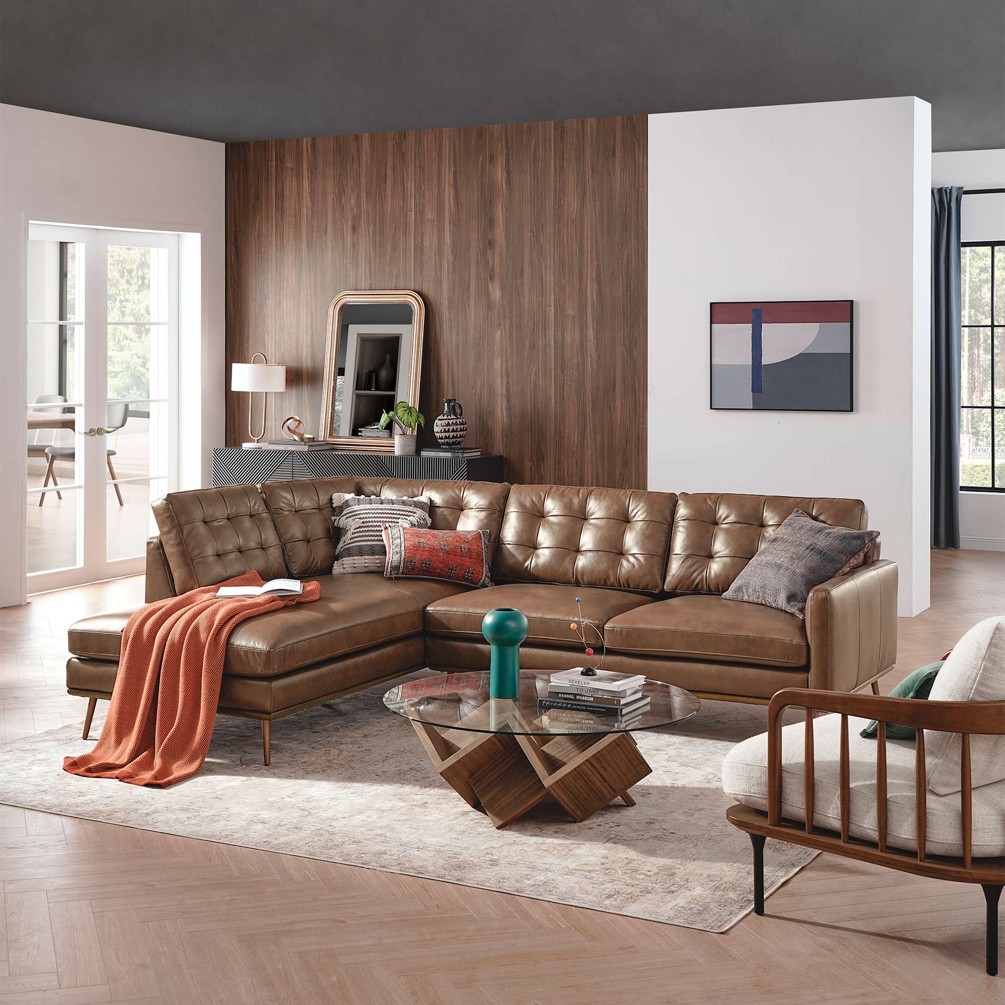 Isaac Leather Bumper Chaise Sectional Couch with Ottoman 4