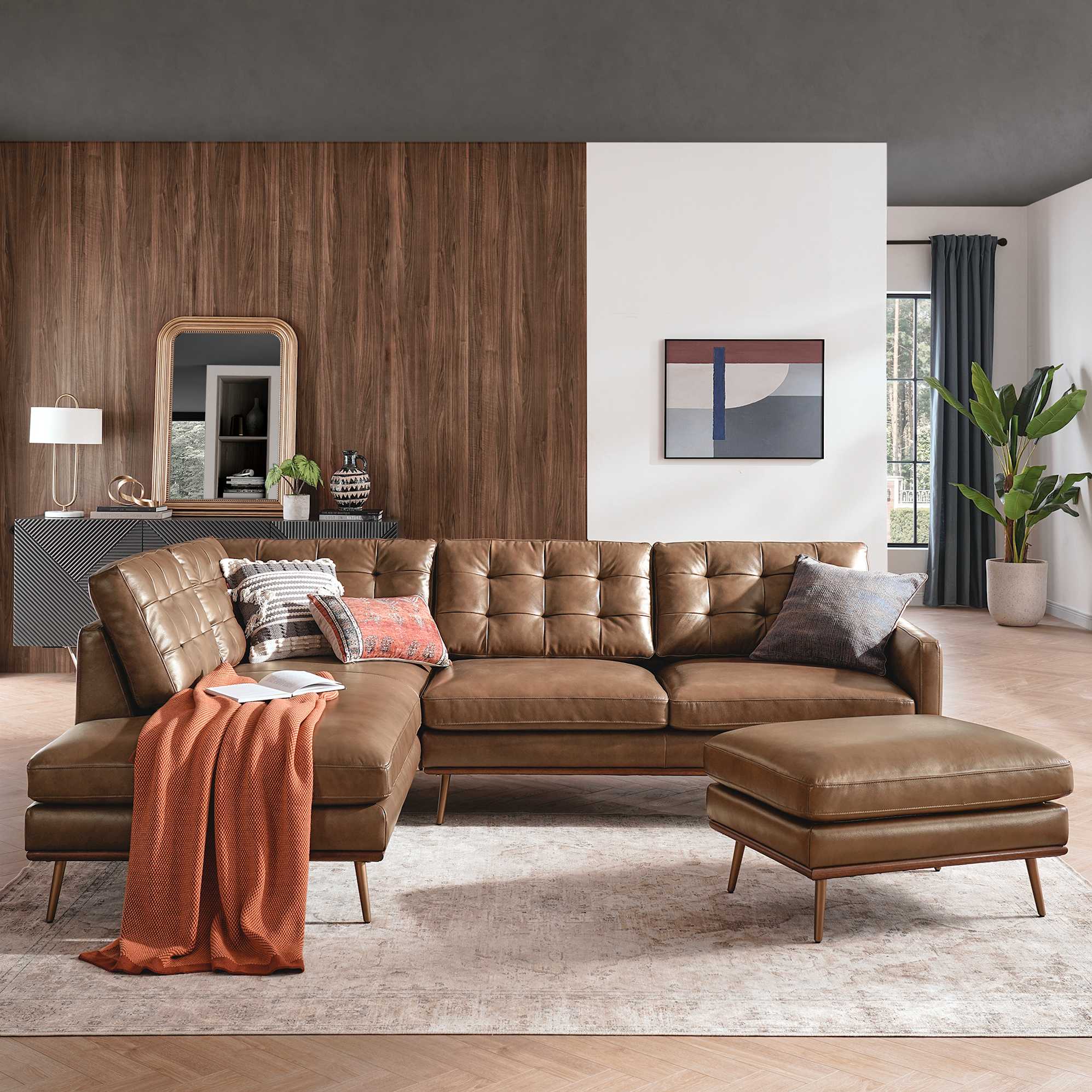 Isaac Leather Bumper Chaise Sectional Couch 4