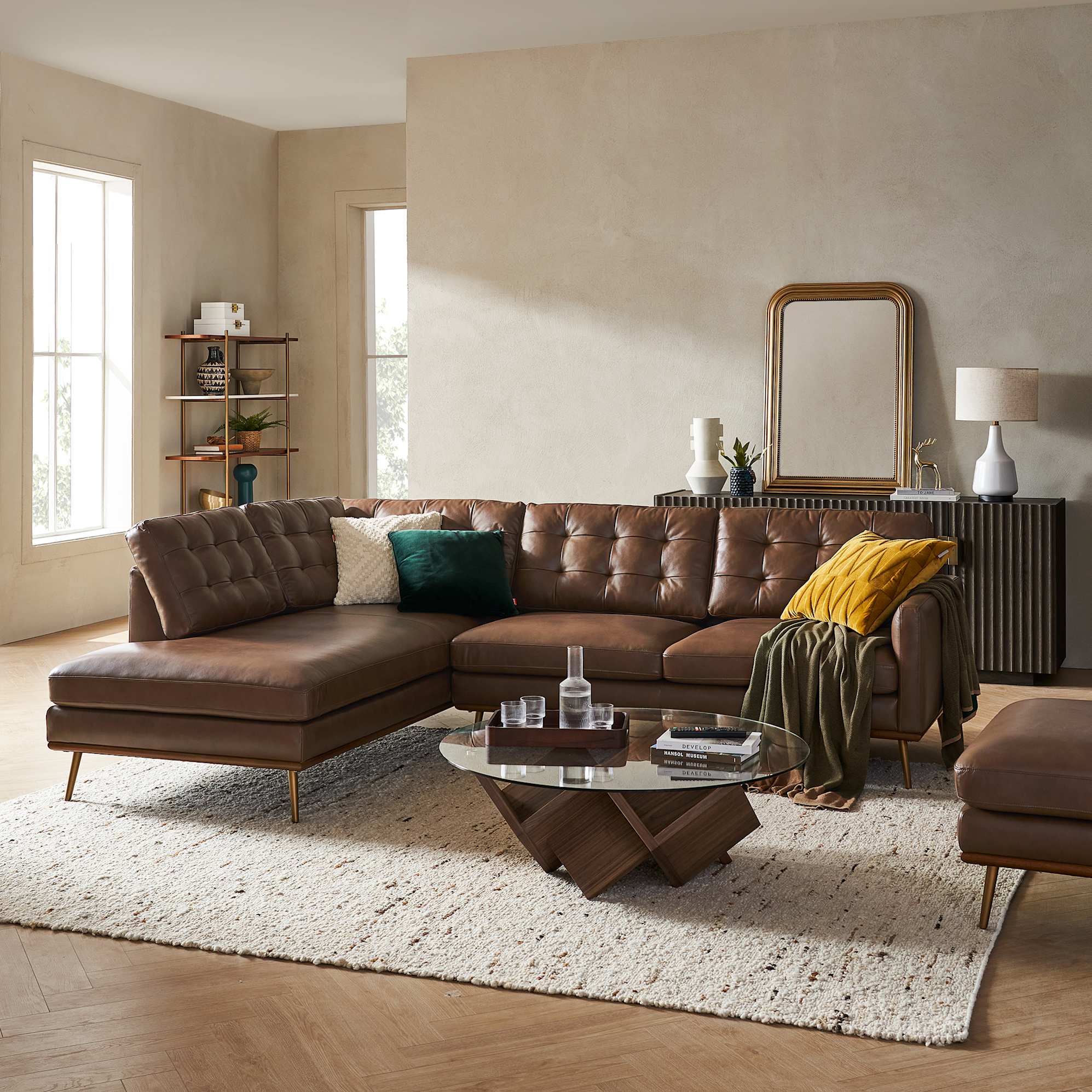 Isaac Leather Bumper Chaise Sectional Couch 3