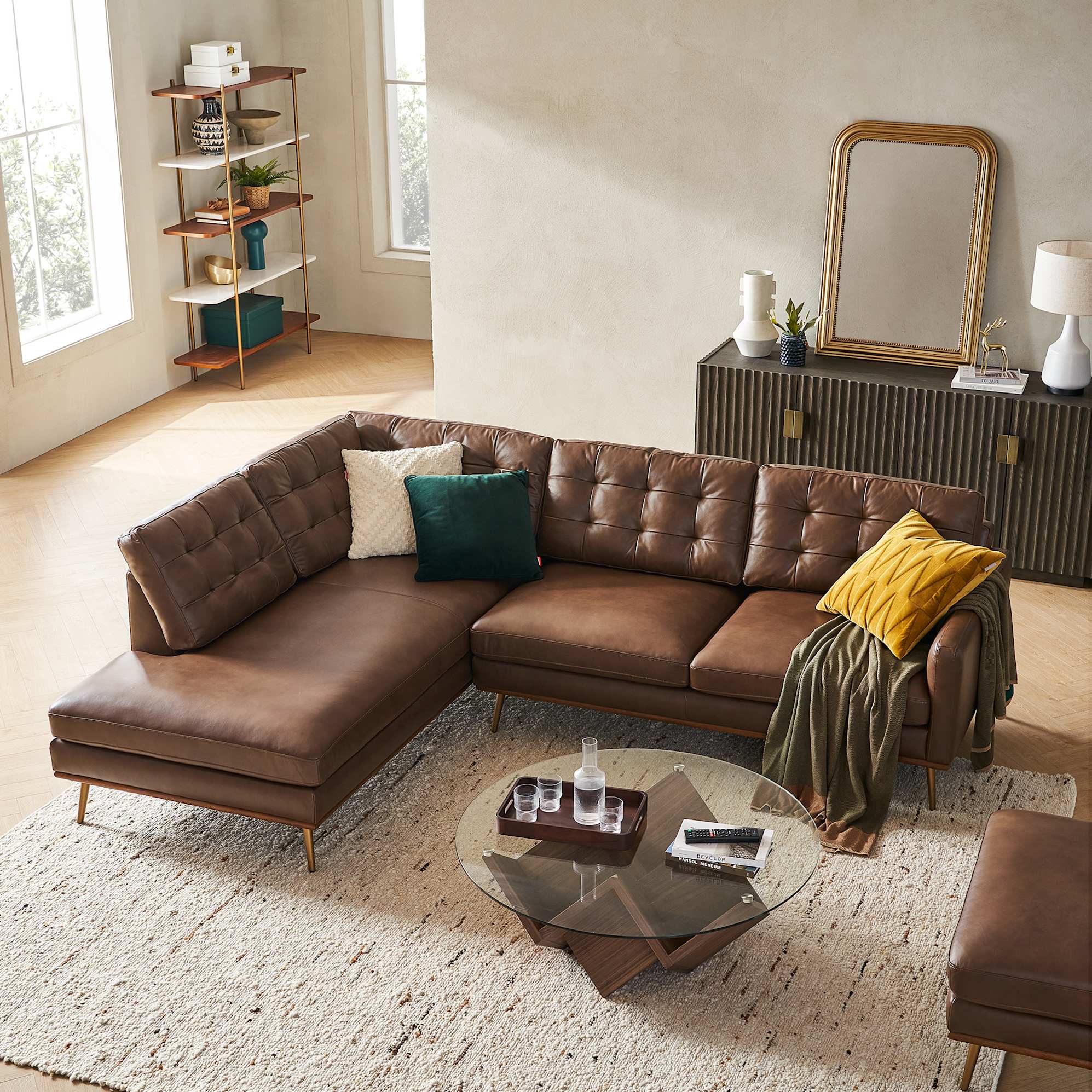 Isaac Leather Bumper Chaise Sectional Couch with Ottoman 3