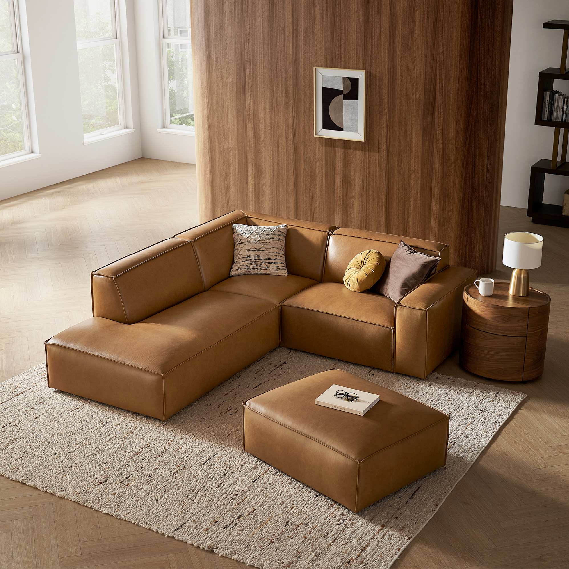 Jonathan Leather Side Chaise Sectional Couch with Ottoman 3