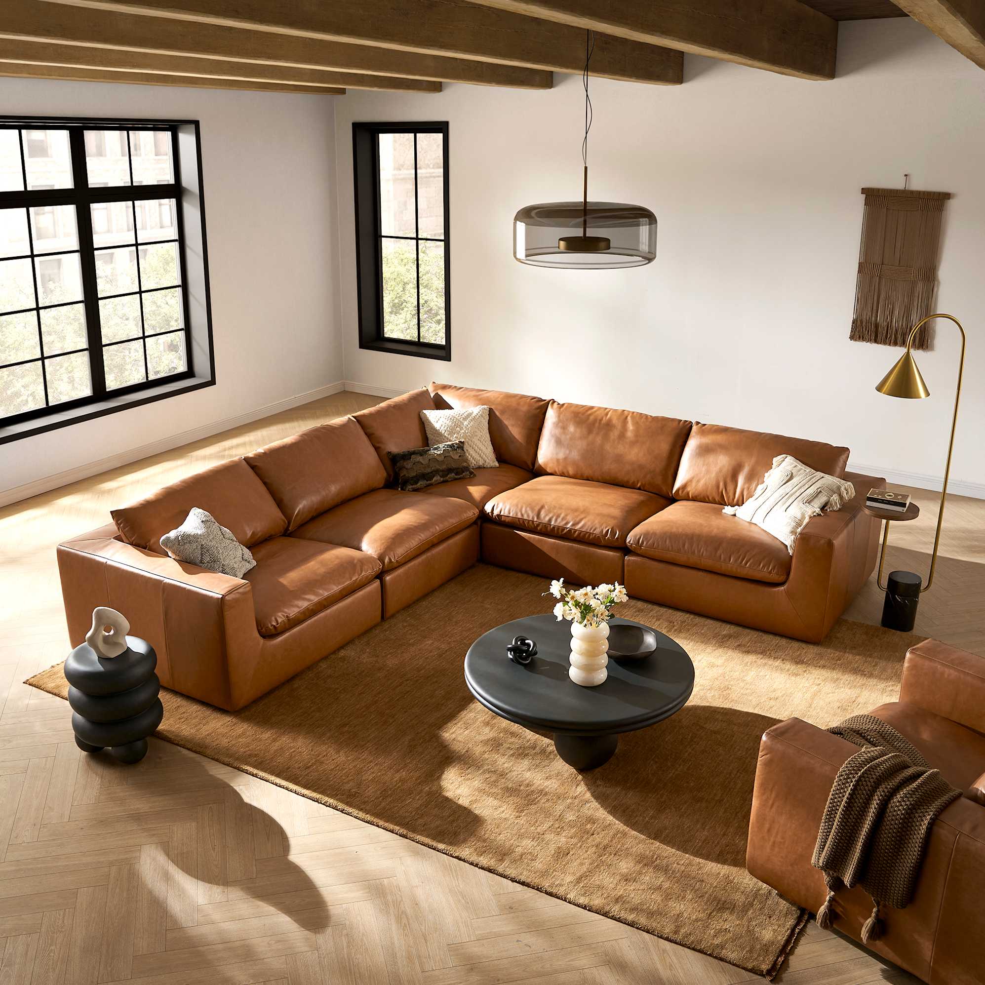 Dawson Leather L-Shape Sectional Couch with Ottoman 3