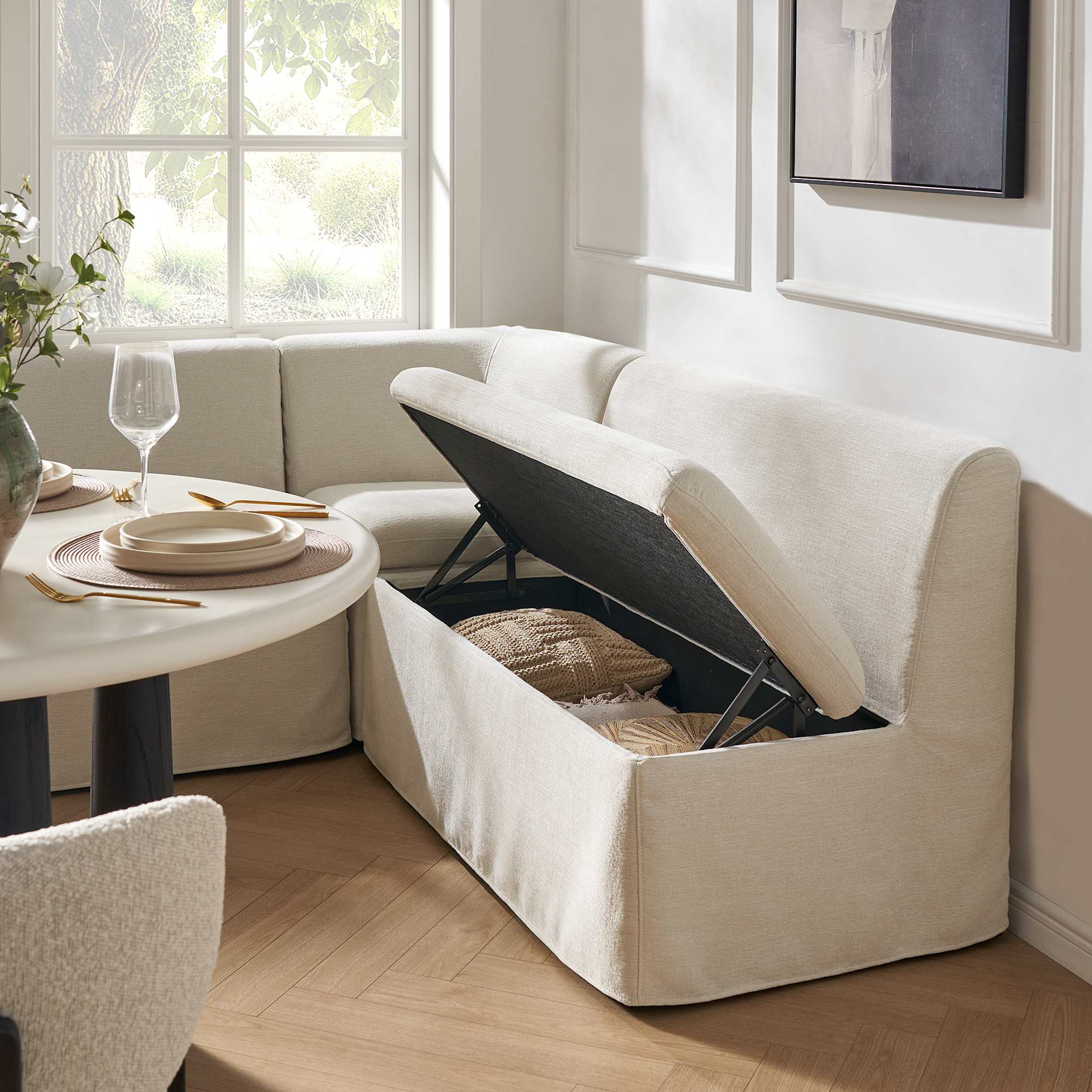 Callie Slipcover Extended L-Shaped Storage Banquette 2