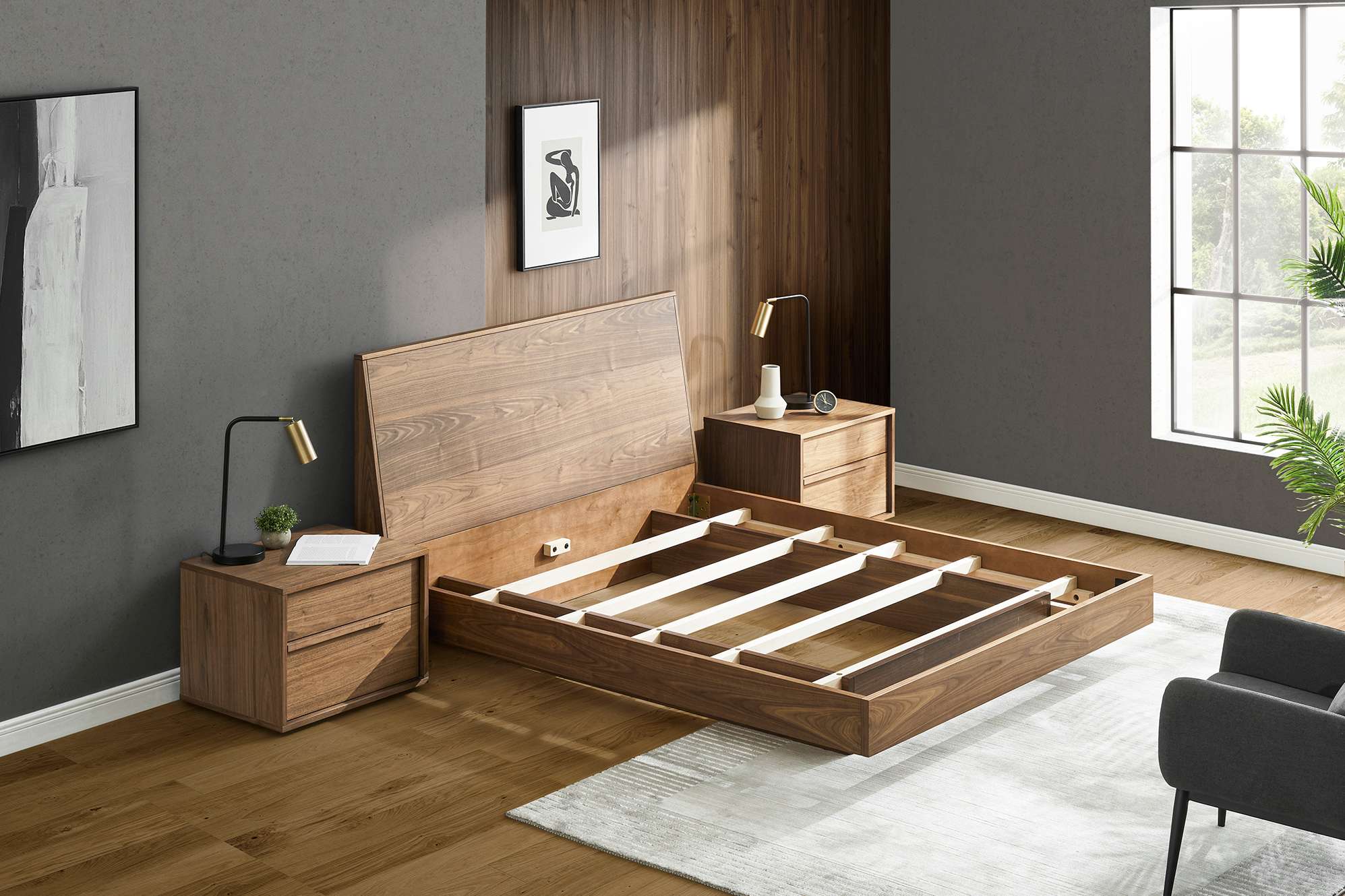Joseph Bed Walnut with 2 Bedside Tables 4