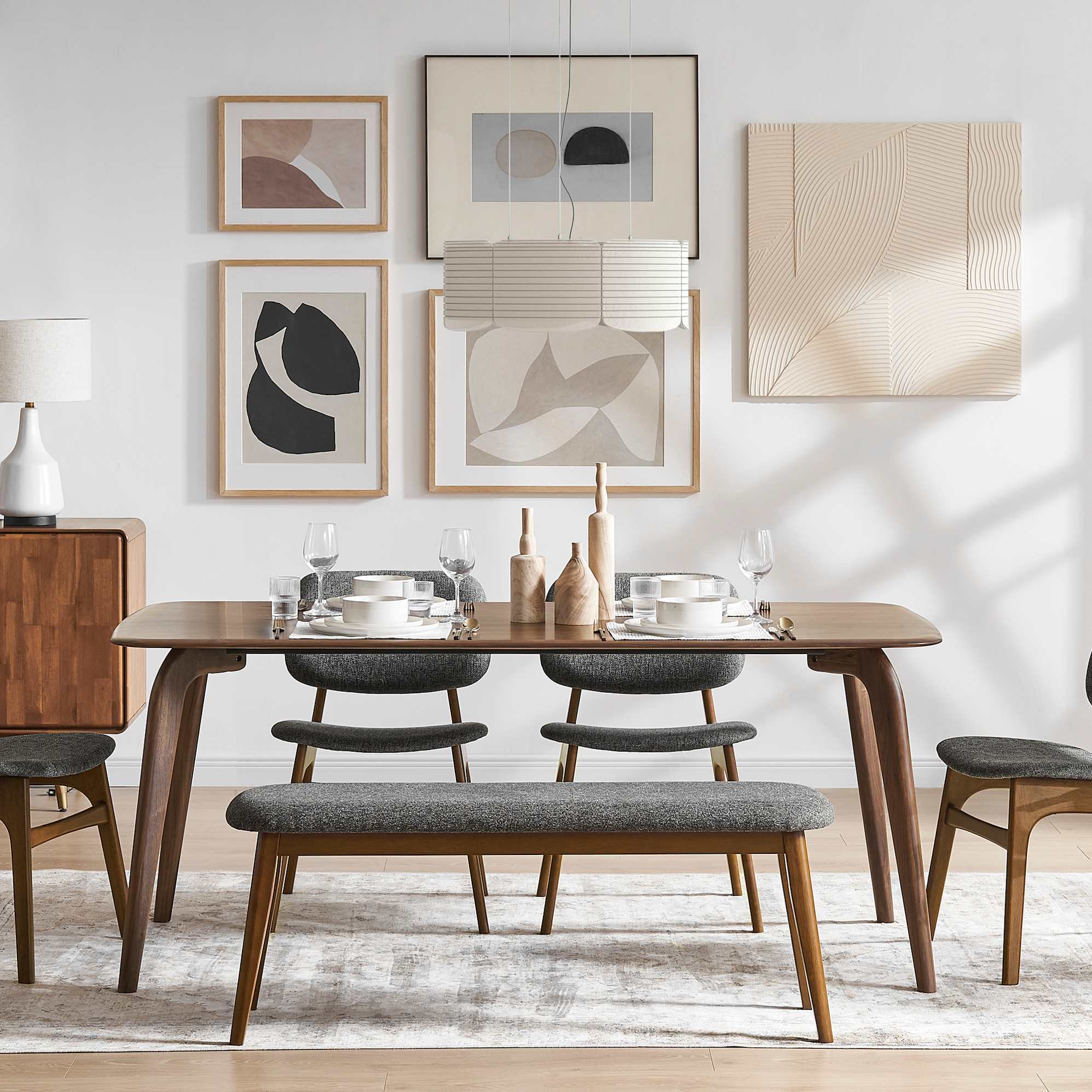 Vincent Dining Table with 2 Chairs, Walnut and Doris Bench 2