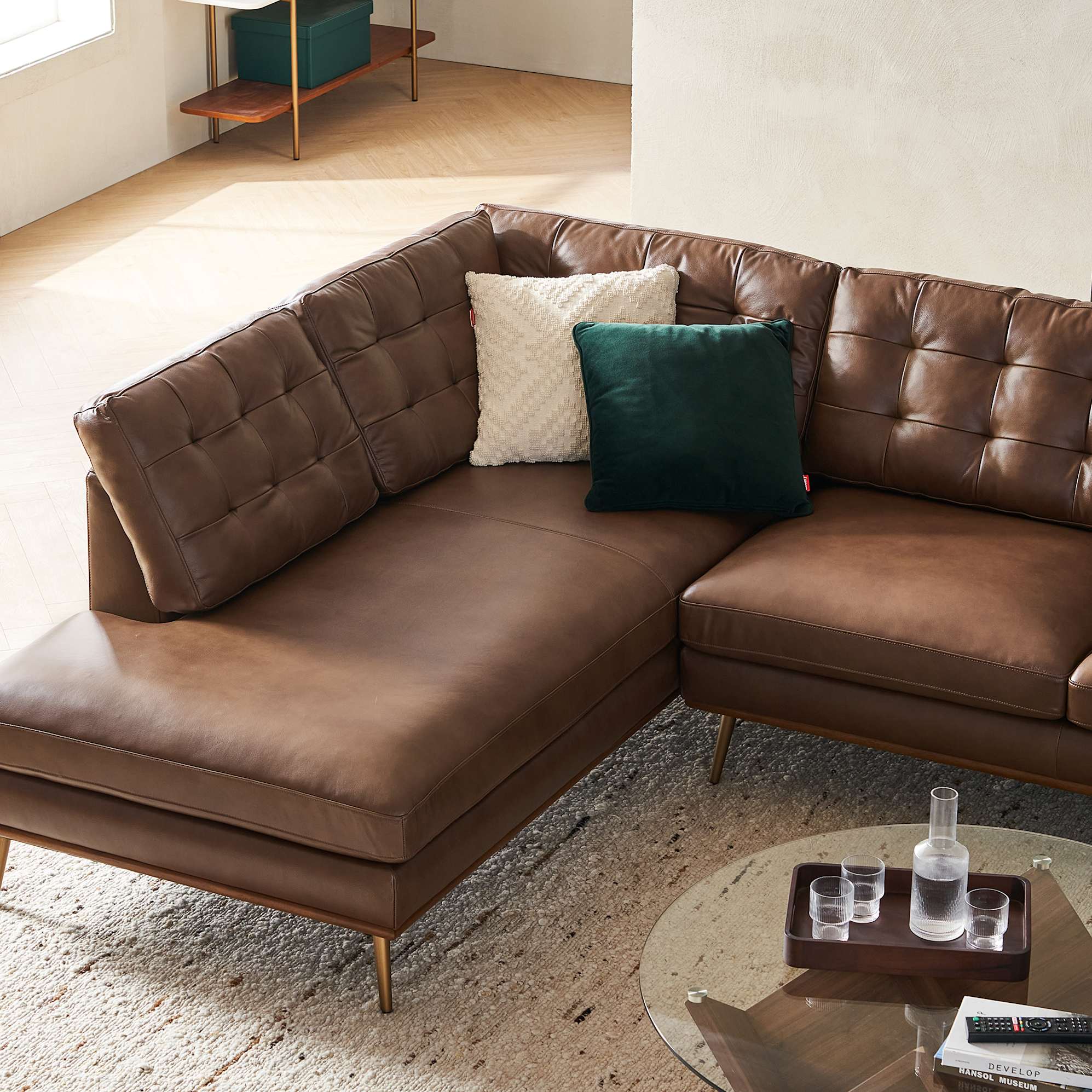 Isaac Leather Bumper Chaise Sectional Sofa with Ottoman 6