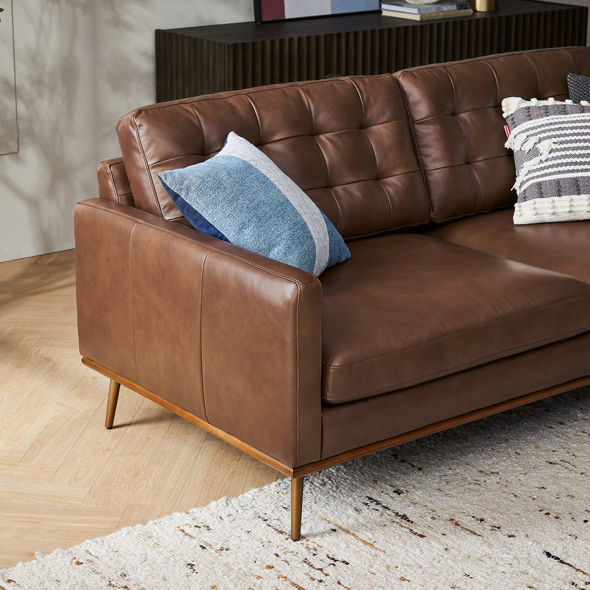 Isaac Leather Bumper Chaise Sectional Sofa with Ottoman 8