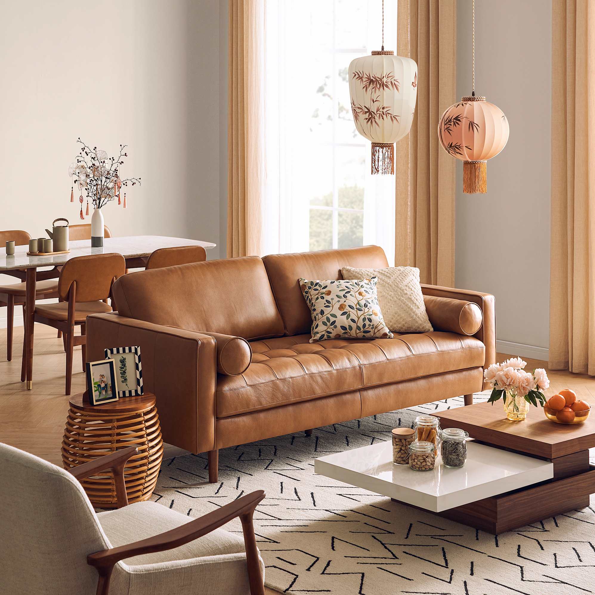 Madison Leather 3 Seater Sofa with Ottoman 2