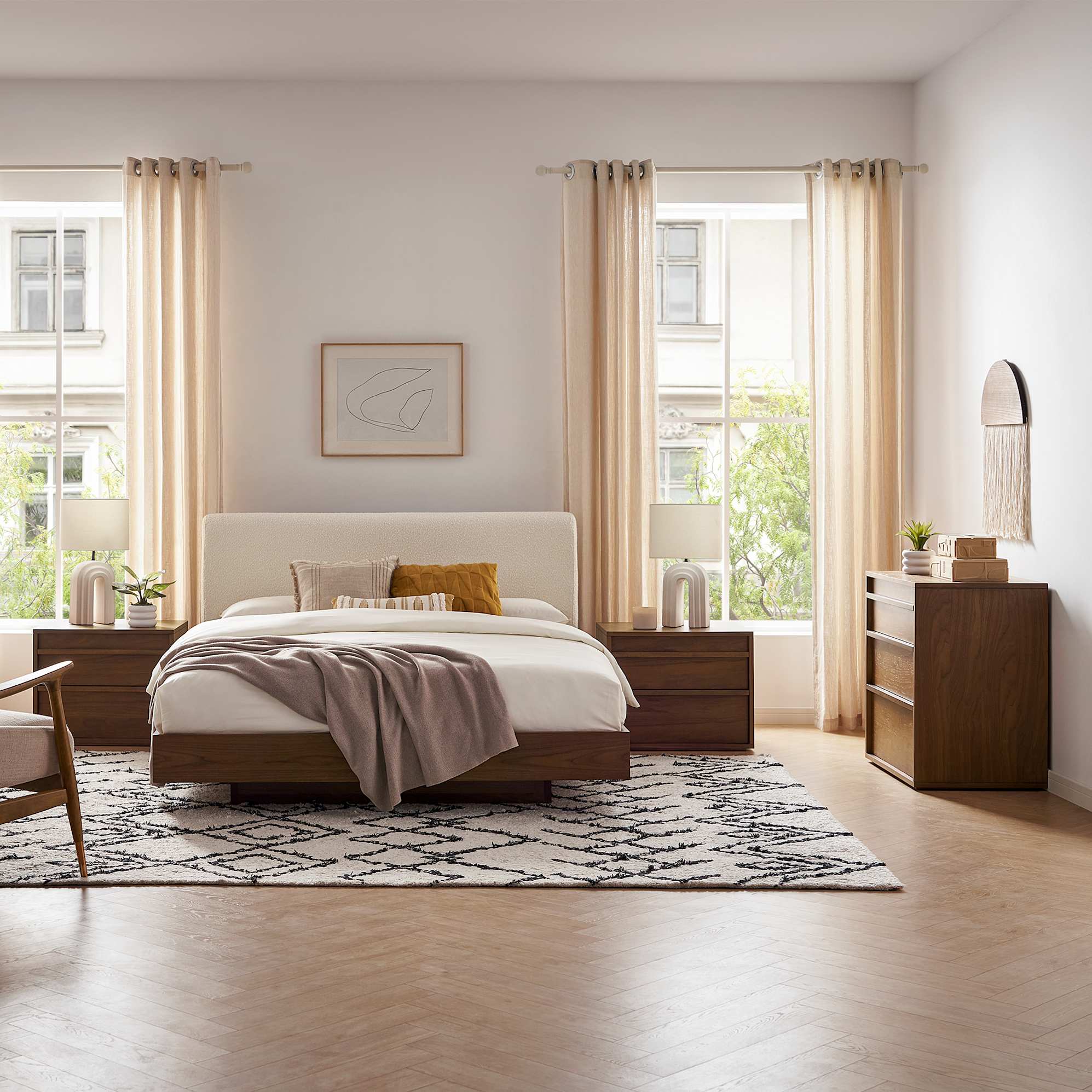 Joseph Bed Bouclé with 2 Joseph Bedside Tables 2