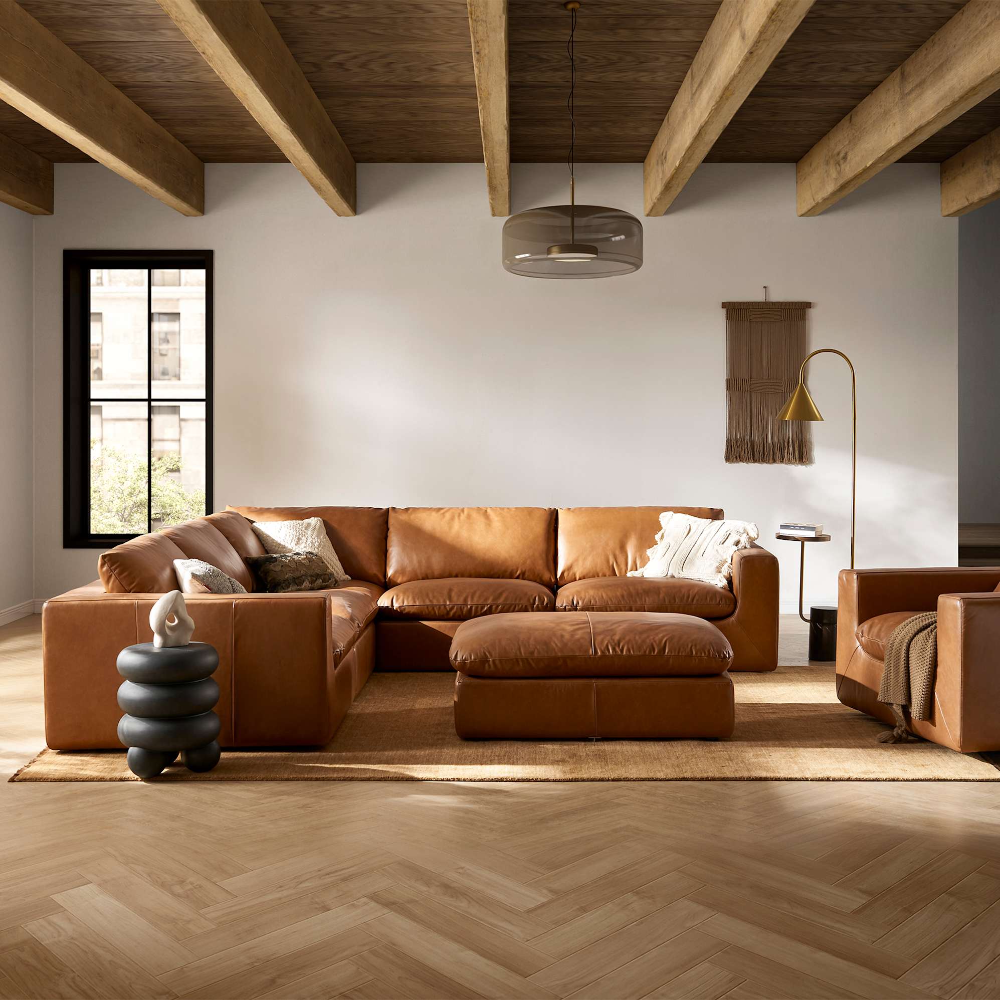 Dawson Leather L-Shape Sectional Sofa with Ottoman 0