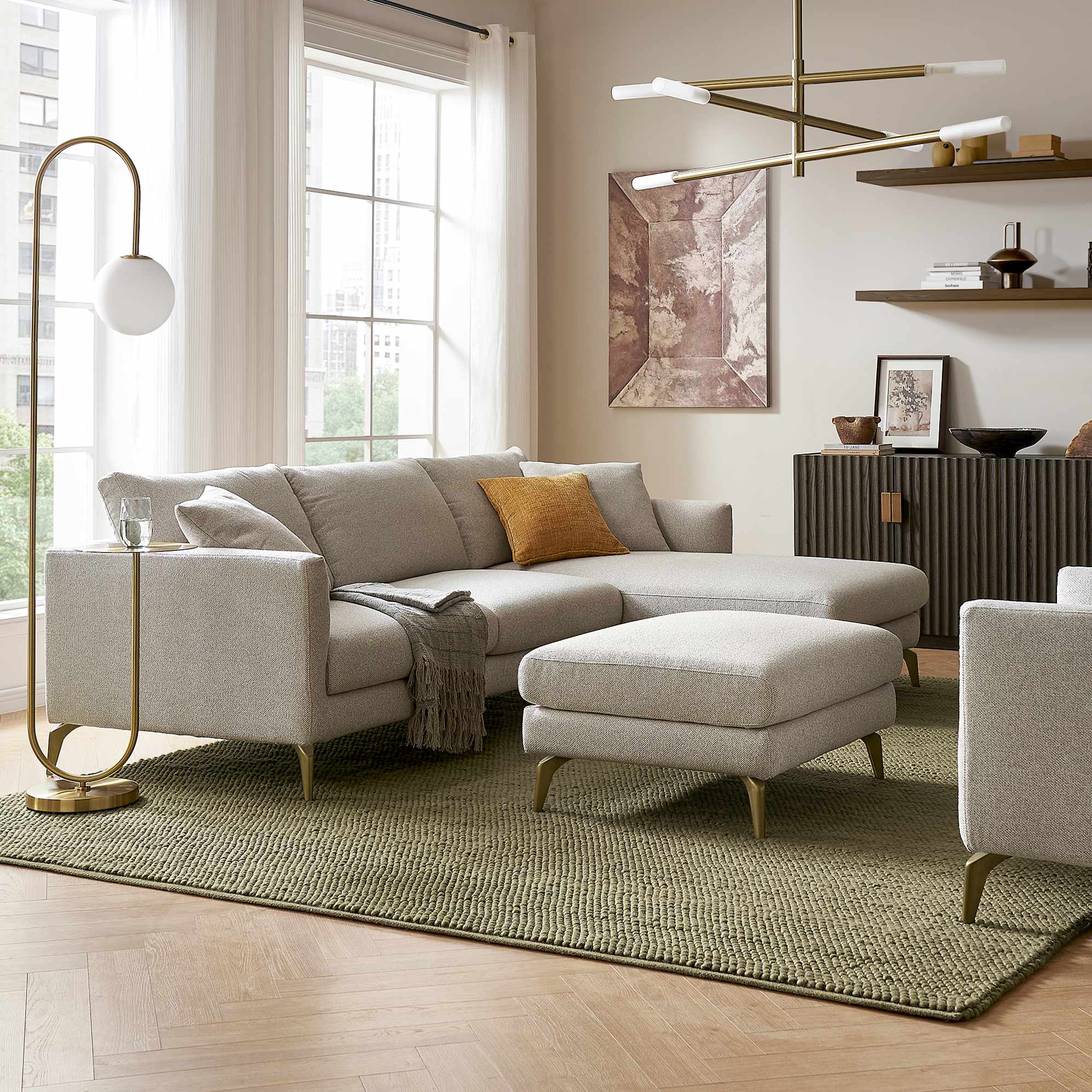 Lena Performance Fabric Chaise Sectional Sofa with Footstool 0