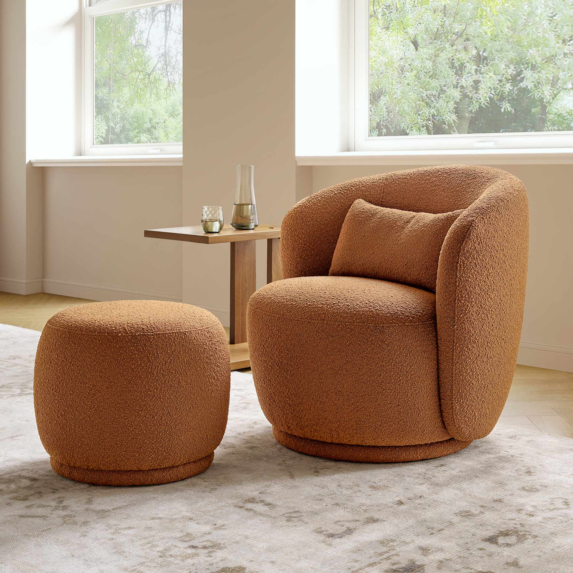 Avery Performance Bouclé Swivel Armchair with Footstool 0