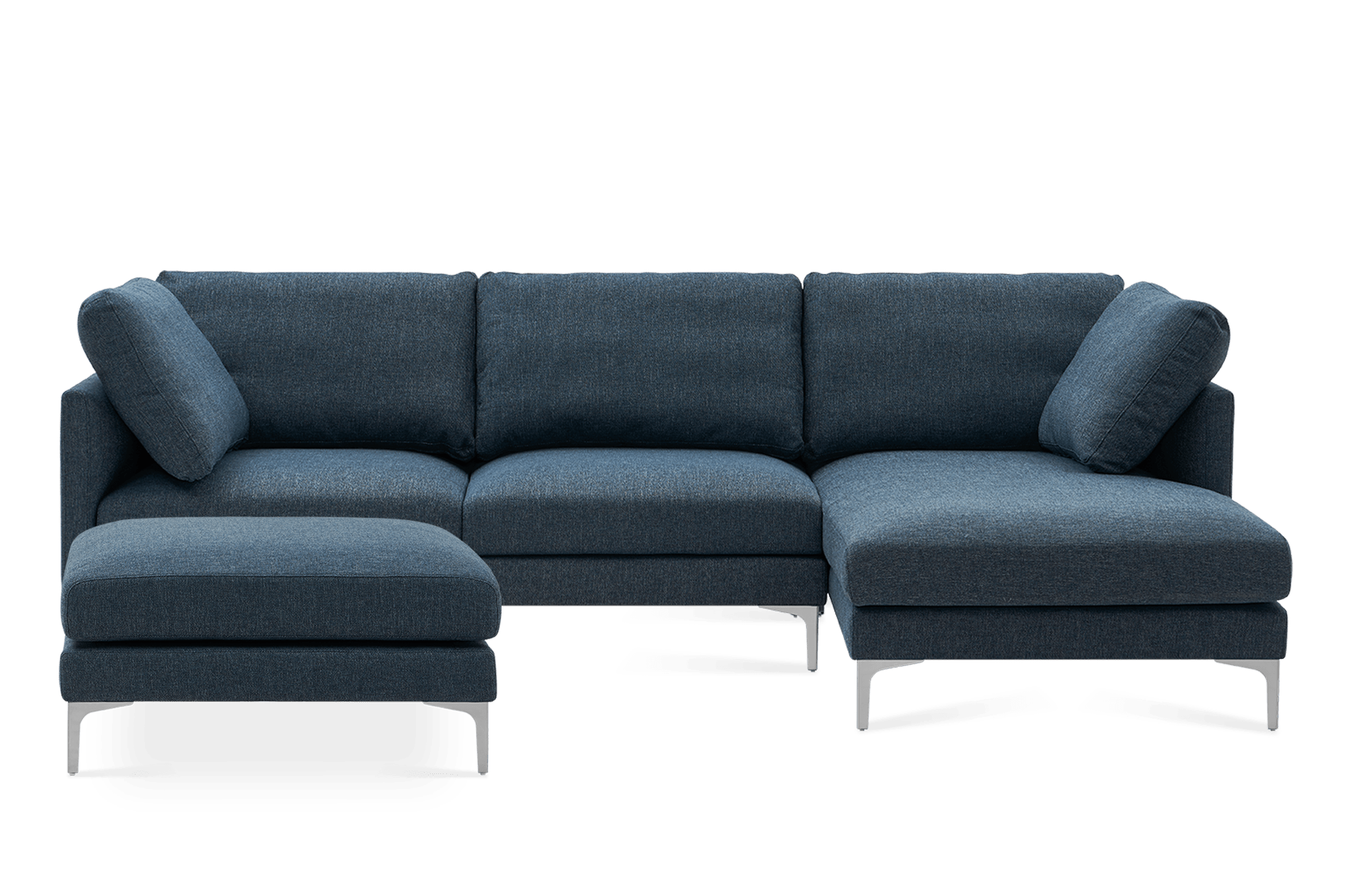 Adams Chaise Sectional Sofa Right Facing with Ottoman, Indigo Blue (Silver Leg)
