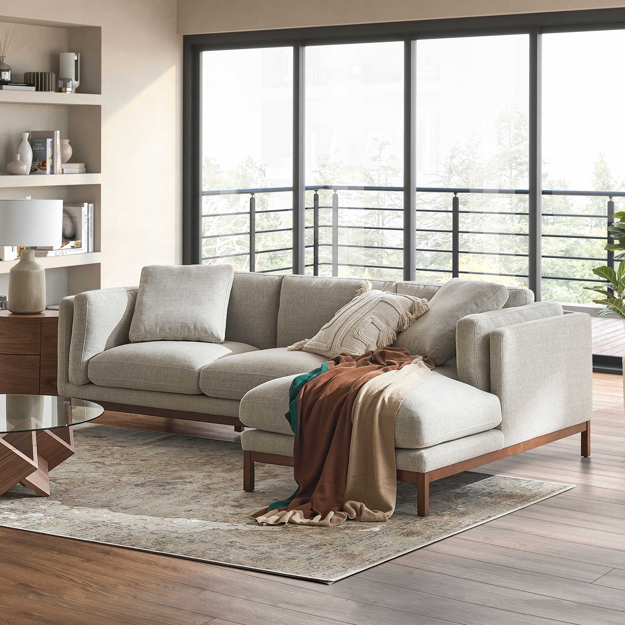 Owen Chaise Sectional Sofa Right Hand Facing, Pearl Beige (Walnut Stain) lifestyle