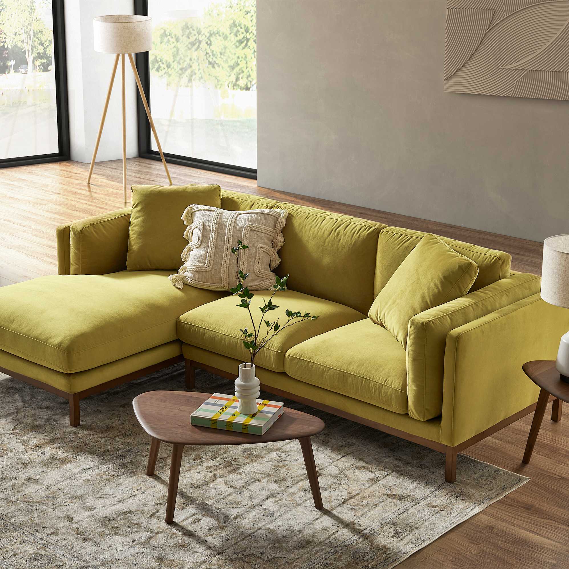 Owen Chaise Sectional Sofa Left Hand Facing, Olive Gold Velvet (Walnut Stain) lifestyle