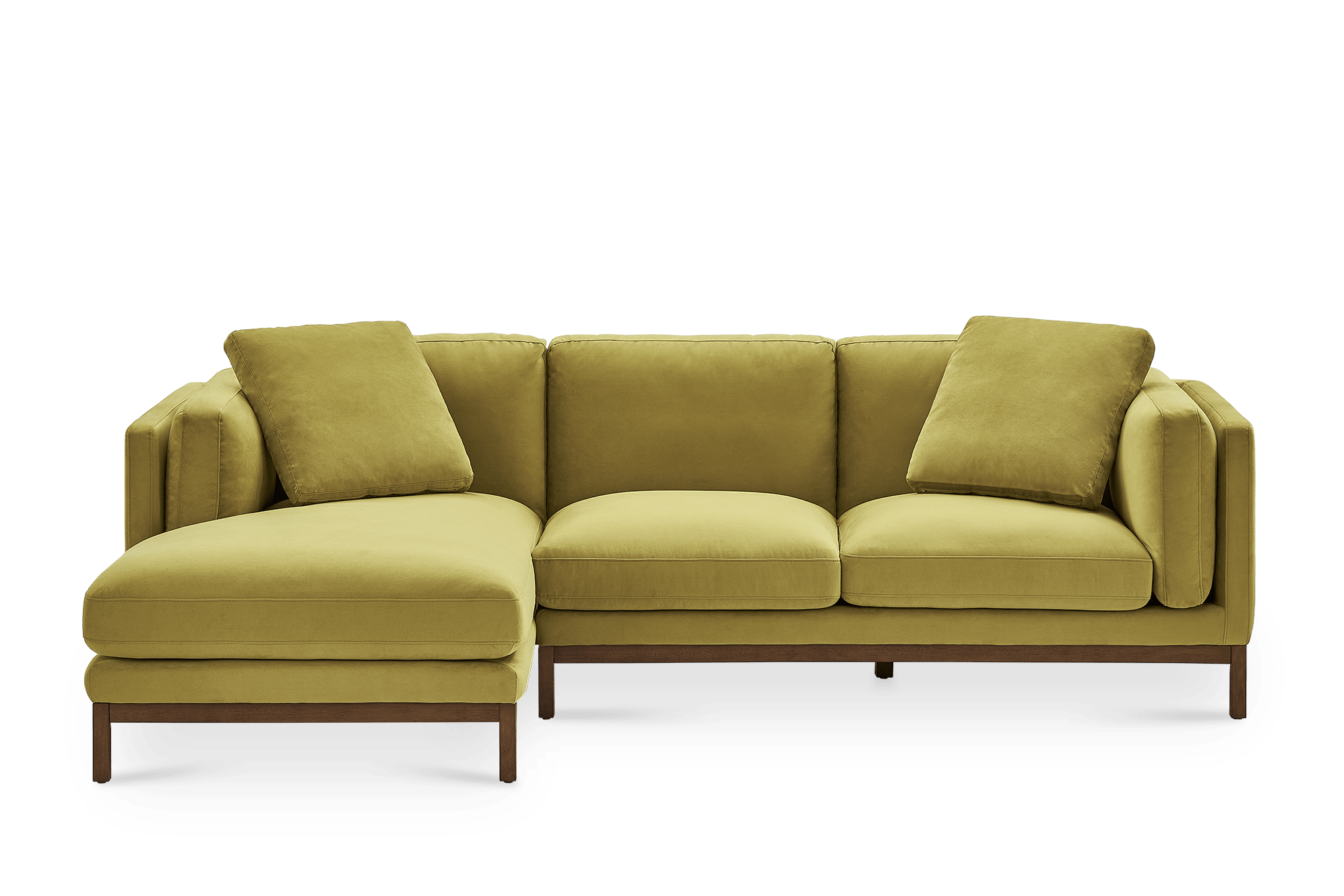 Owen Chaise Sectional Sofa Left Hand Facing, Olive Gold Velvet (Walnut Stain)
