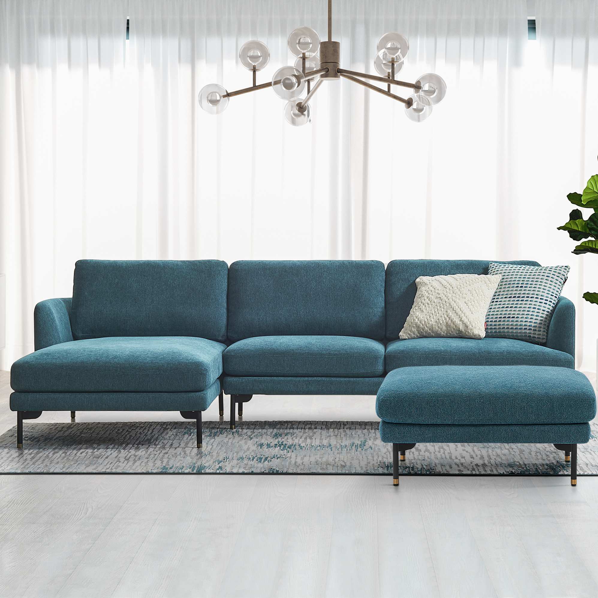 Pebble Chaise Sectional Sofa Left Facing with Ottoman, Ocean Blue lifestyle