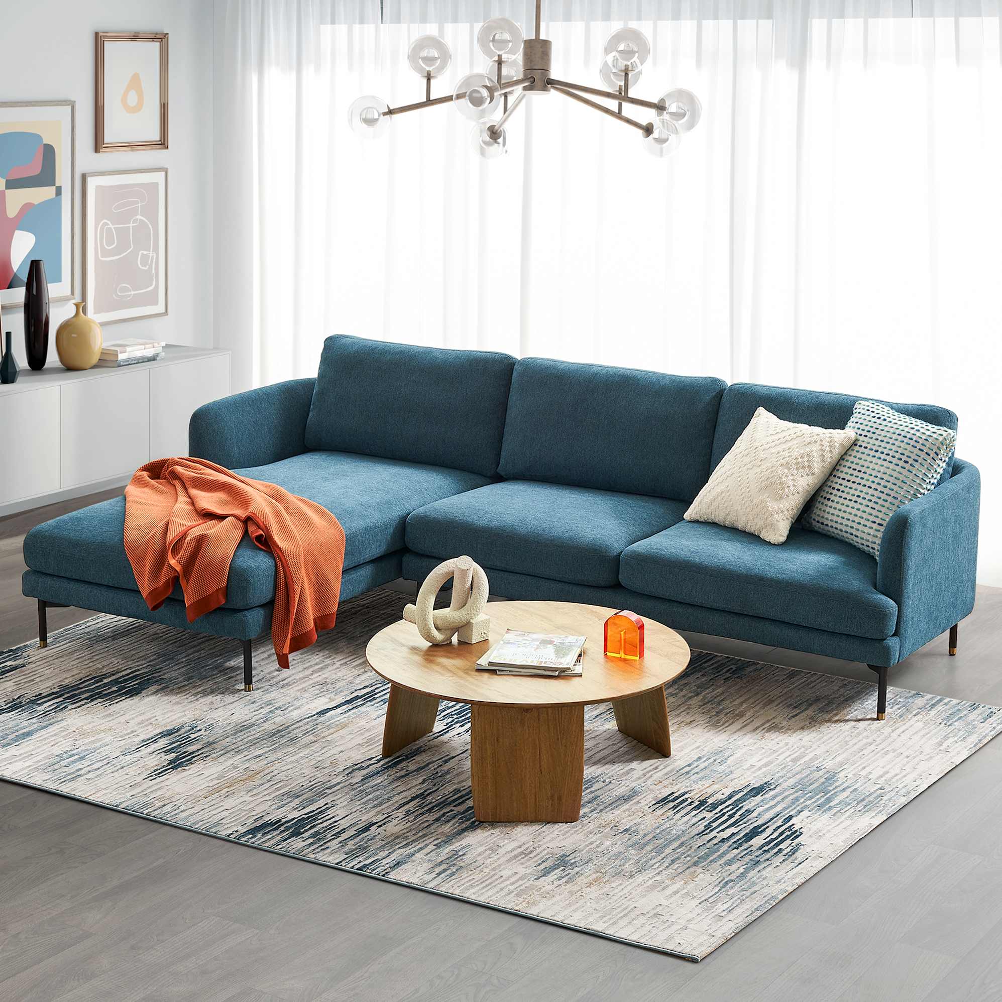 Pebble Chaise Sectional Sofa Left Facing, Ocean Blue lifestyle