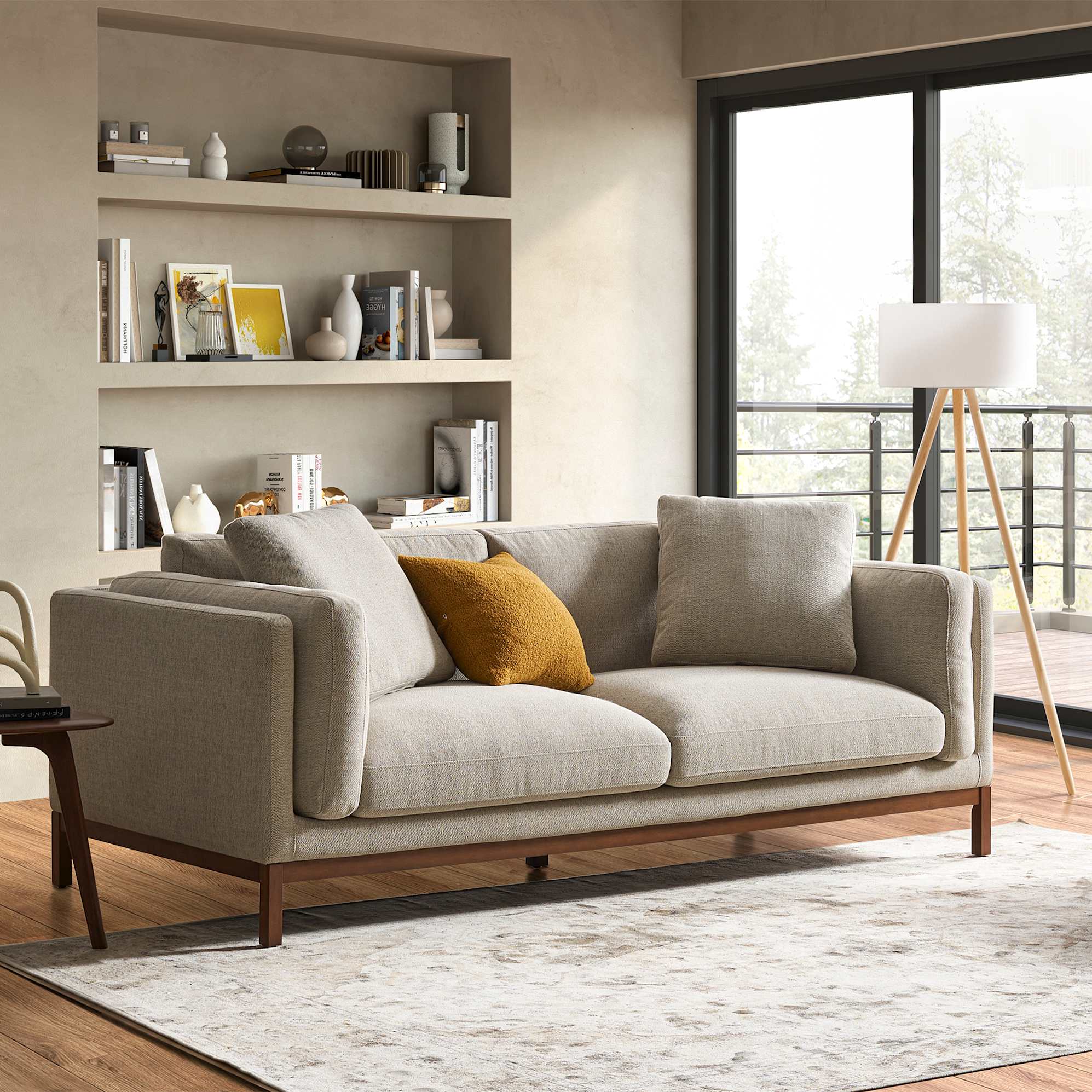 Owen 3 Seater Sofa, Pearl Beige (Walnut Stain) lifestyle