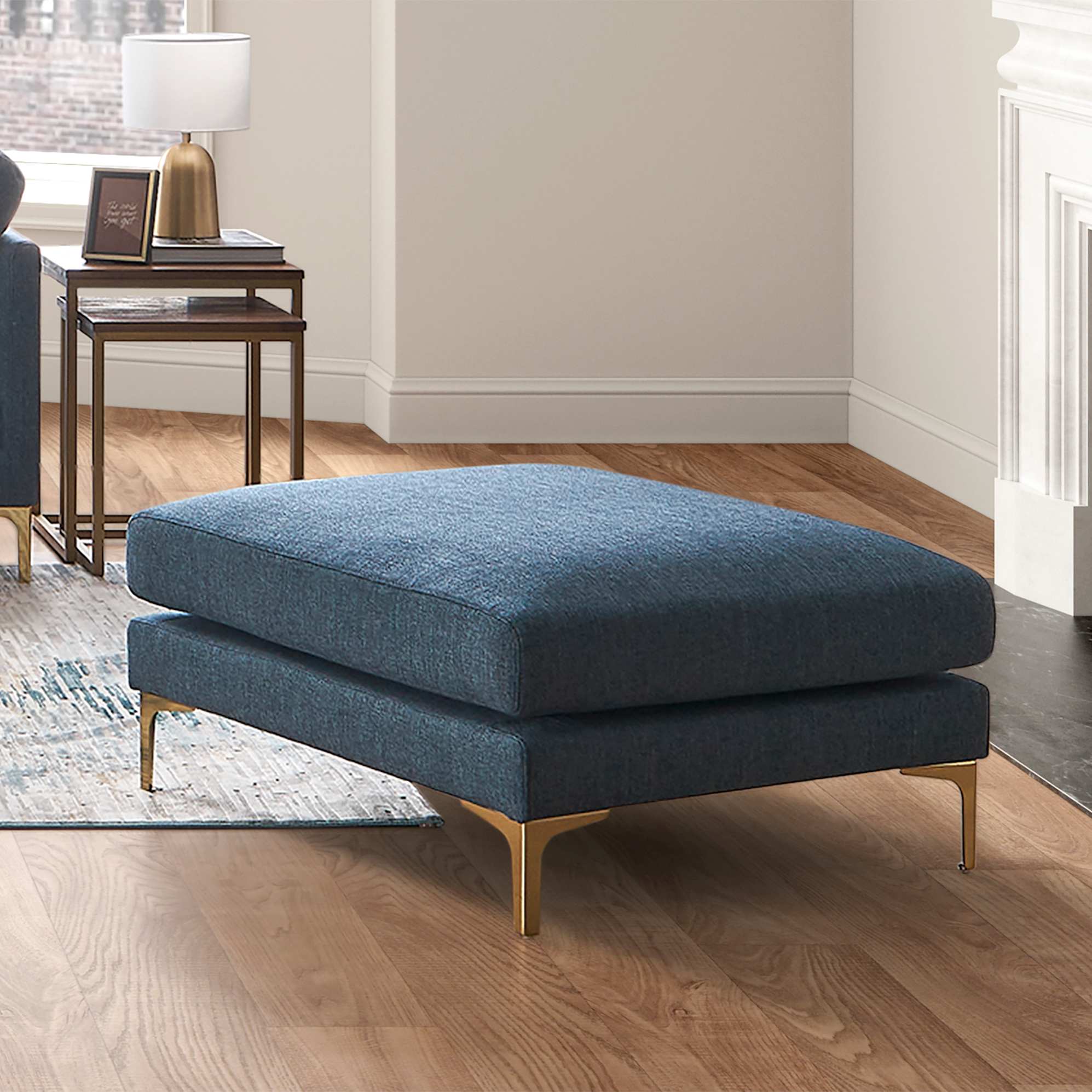Adams Ottoman Indigo Blue, Brass Leg lifestyle
