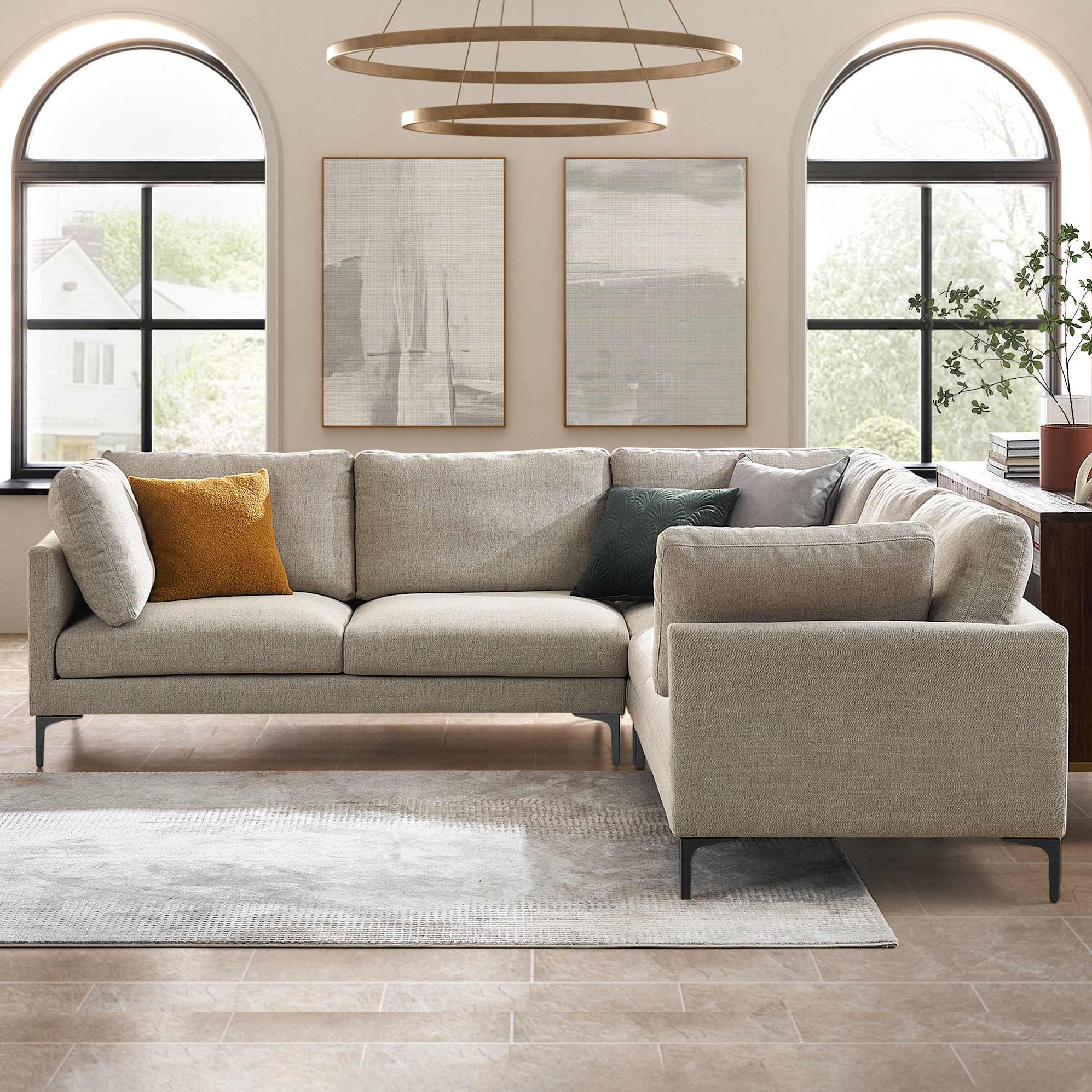 Adams L-Shape Sectional Sofa Pearl Beige, Black Leg lifestyle