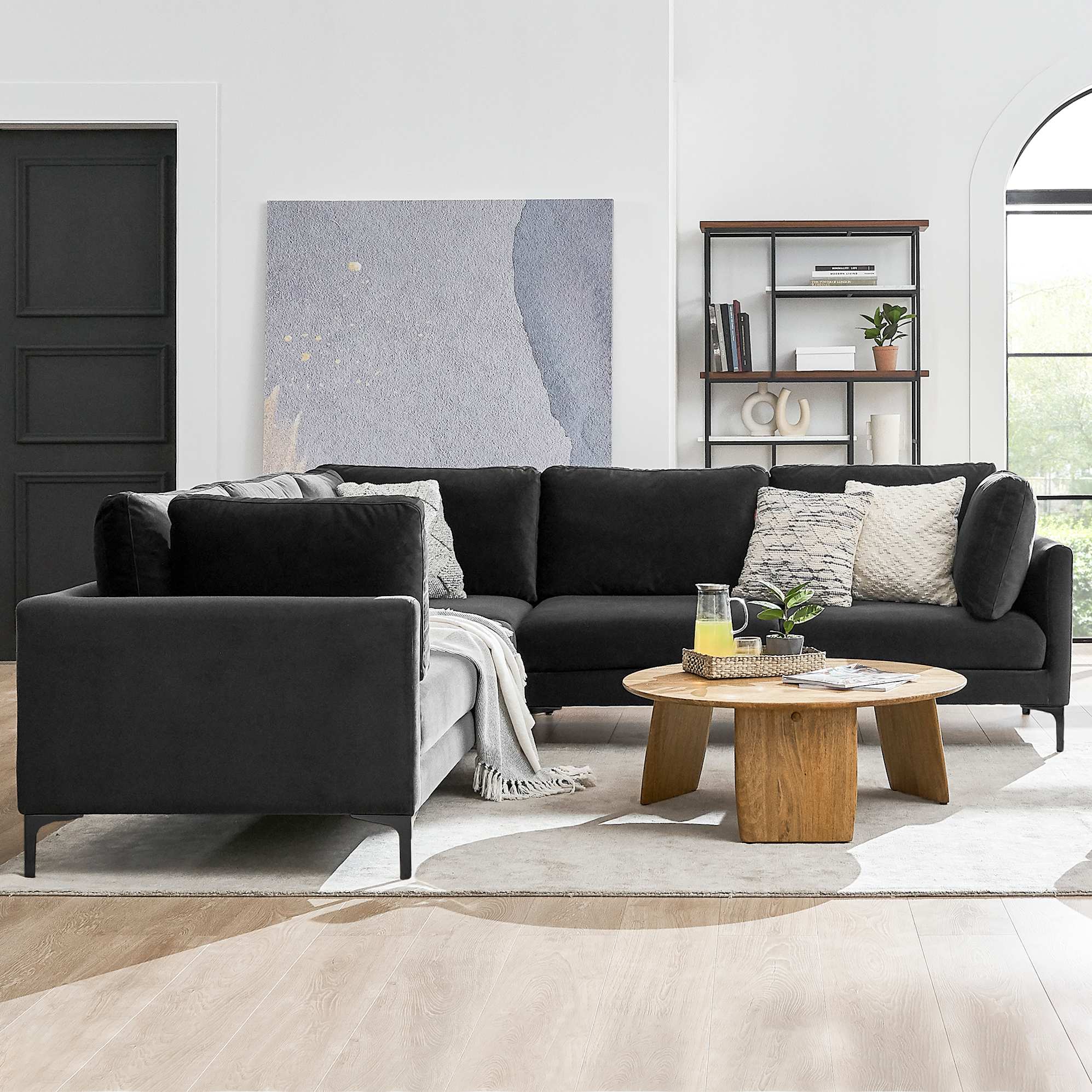 Adams L-Shape Sectional Sofa Jet Black Velvet, Black Leg lifestyle