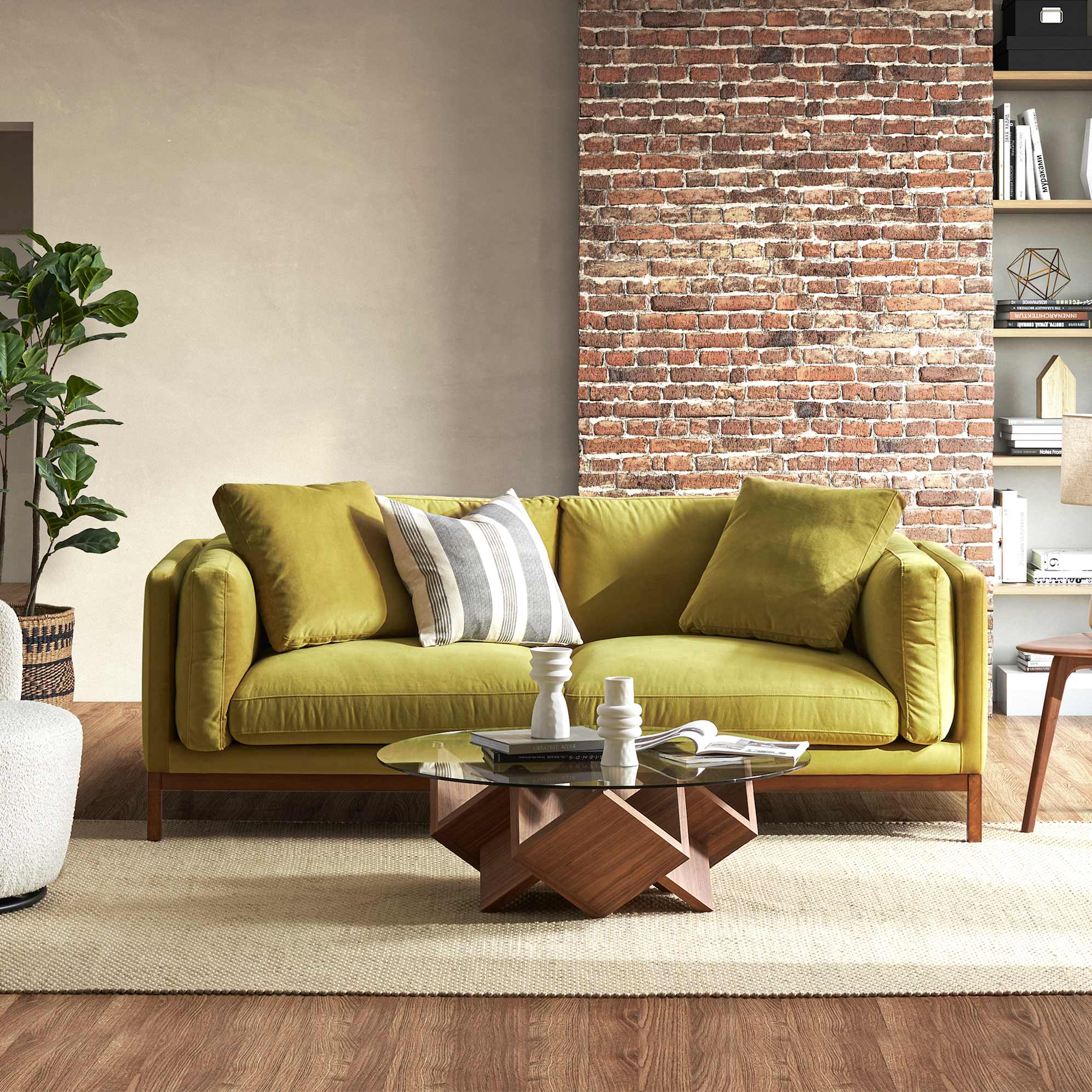 Owen Sofa, Olive Gold Velvet (Walnut Stain) lifestyle