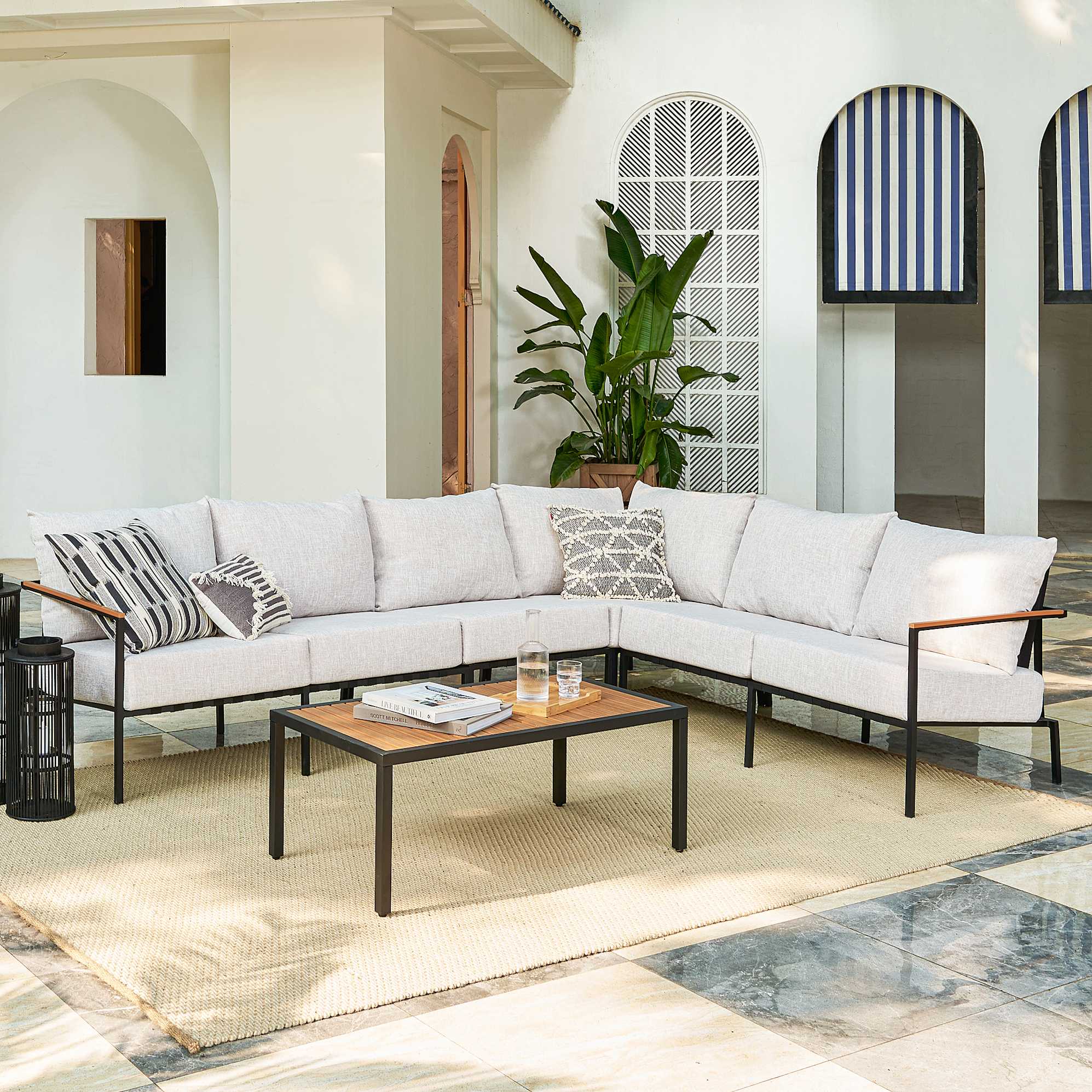 Sorrento Outdoor Extended L-Shape Sectional Sofa, Oat Beige lifestyle