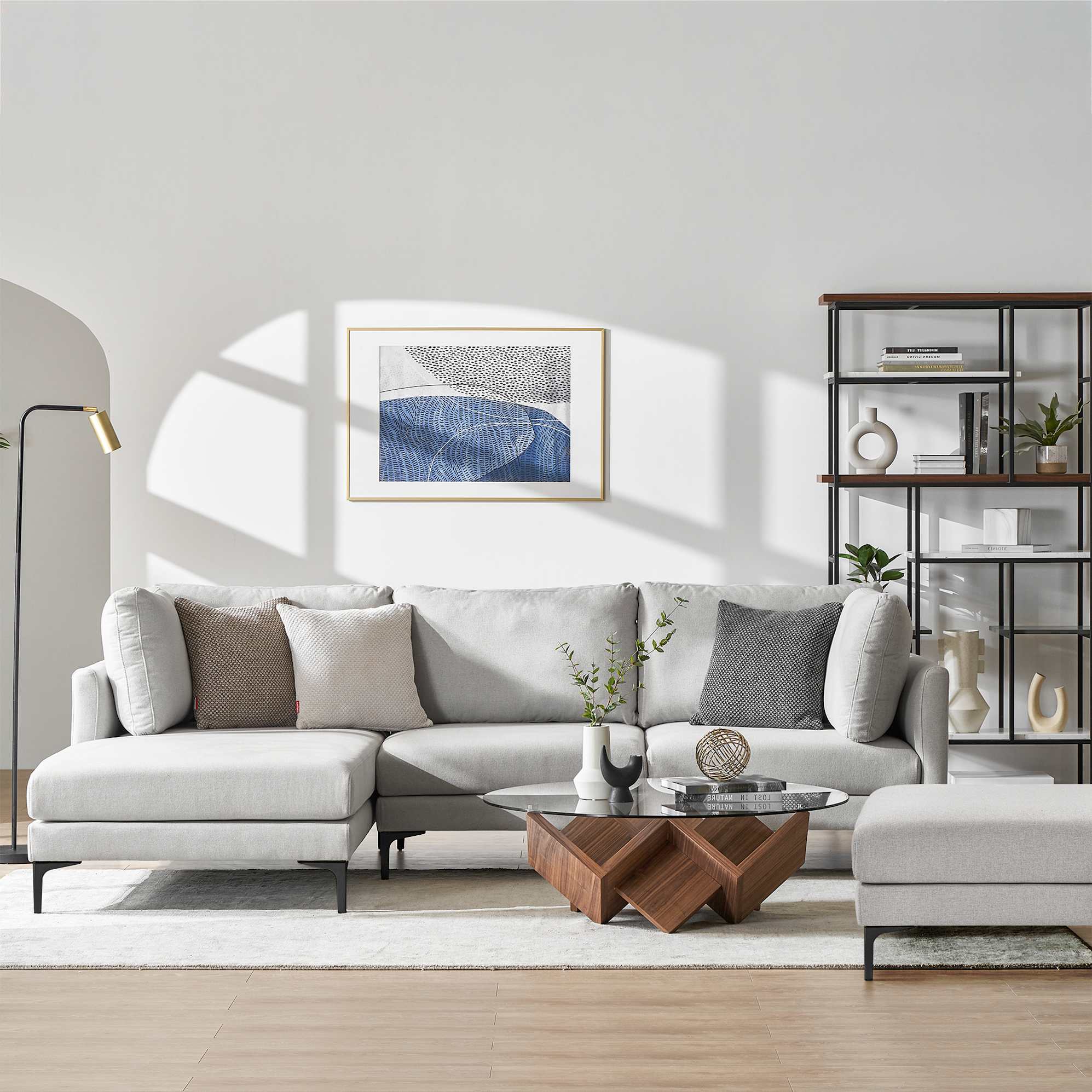 Adams Chaise Sectional Sofa Left Facing with Ottoman, Dove Gray (Black Leg) lifestyle