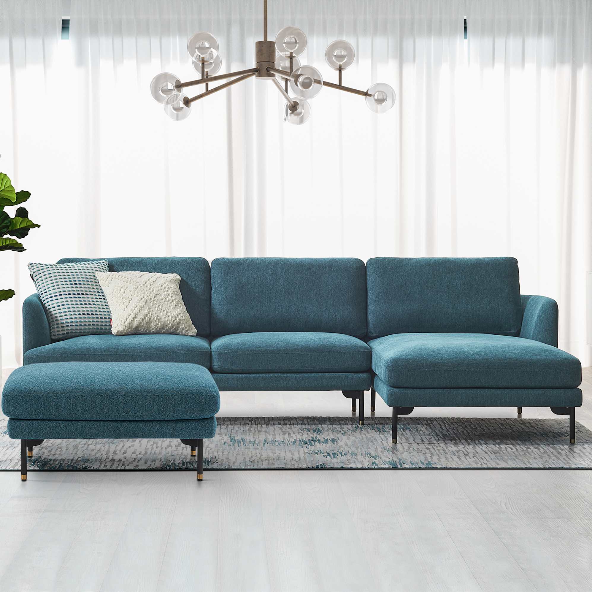 Pebble Chaise Sectional Sofa Right Facing with Ottoman, Ocean Blue lifestyle