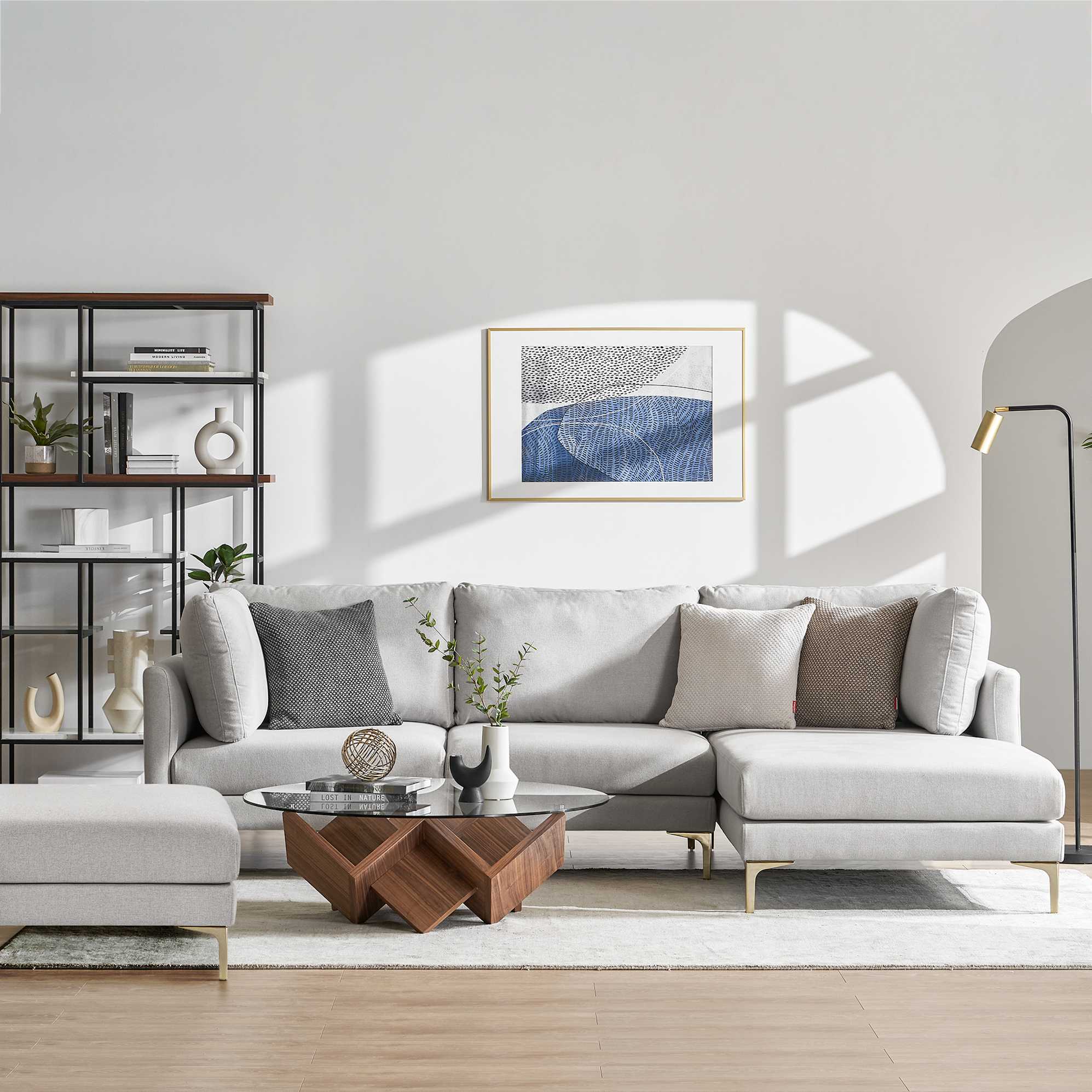 Adams Chaise Sectional Sofa Right Facing with Ottoman, Dove Grey (Brass Leg) lifestyle