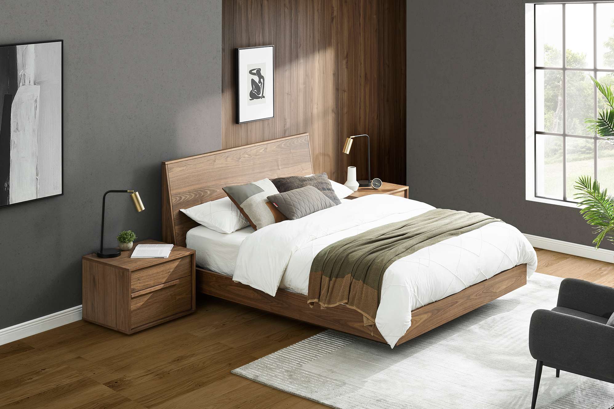 Joseph Bed Walnut with 2 Bedside Tables 2