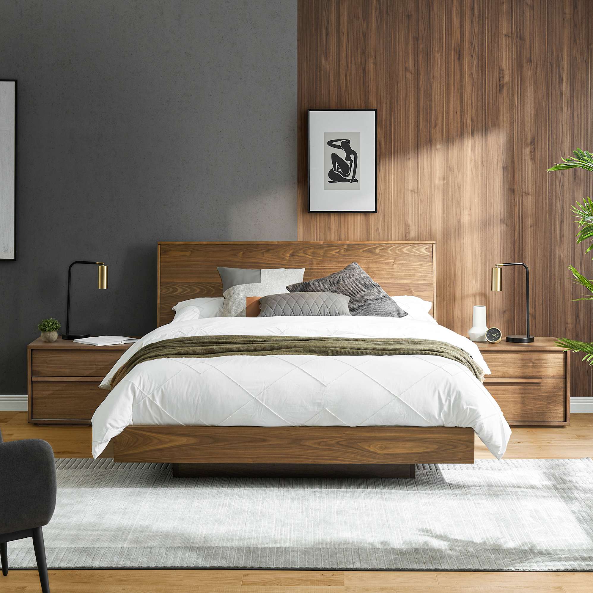 Joseph King Size Bed, Walnut with 2 Bedside Tables lifestyle