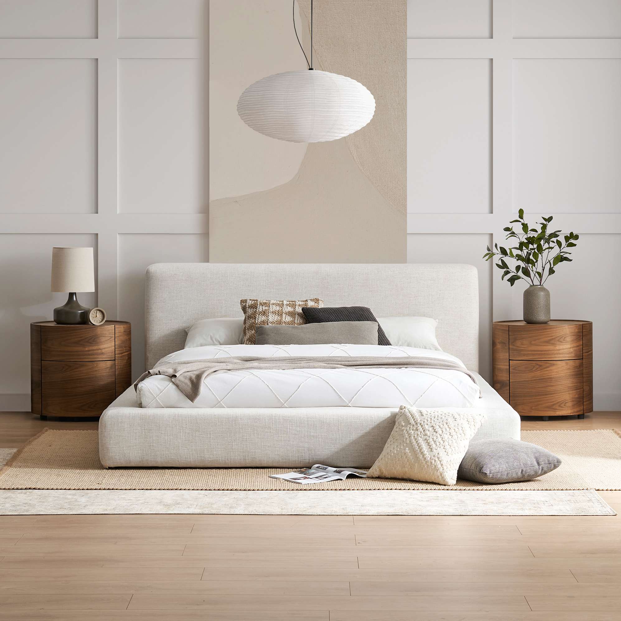 Dawson Queen Size Bed with 2 Mika Side Table Set, Beach Linen lifestyle