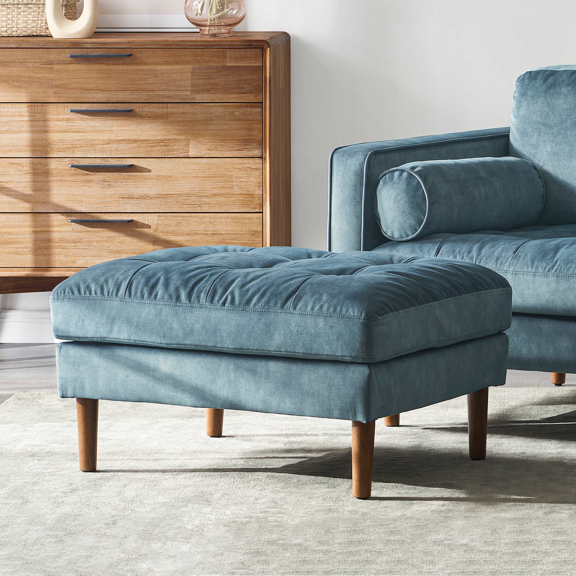 Madison Ottoman, Aquamarine Distressed Velvet lifestyle
