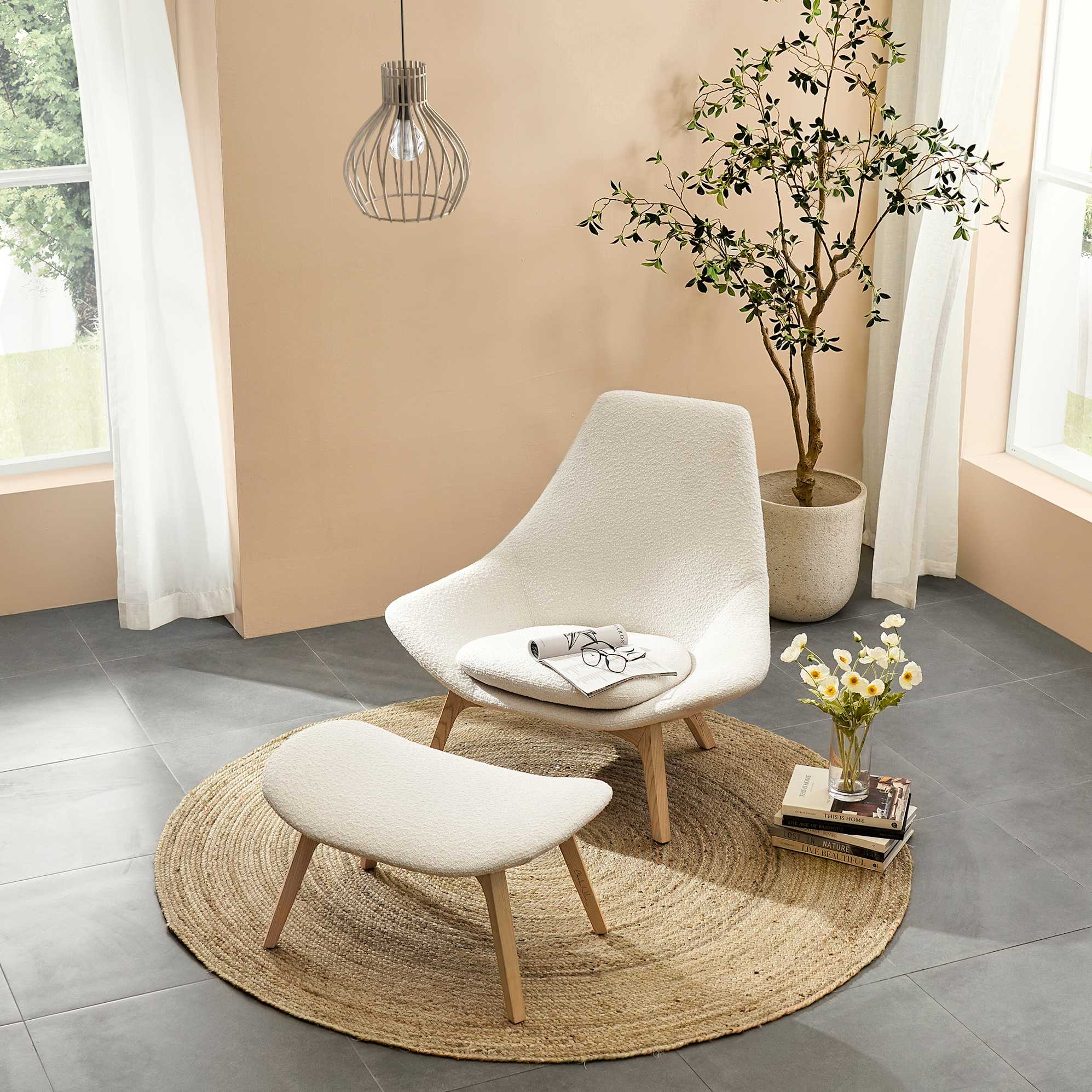 Gable Bouclé High Armchair & Ottoman Set, Snow lifestyle